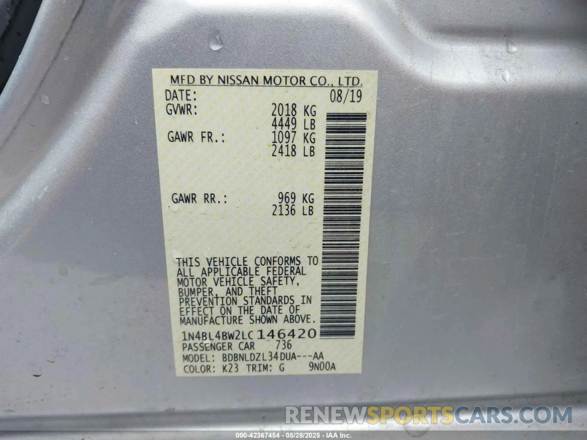 9 fotografías del automóvil dañado 1N4BL4BW2LC146420 NISSAN ALTIMA 2020