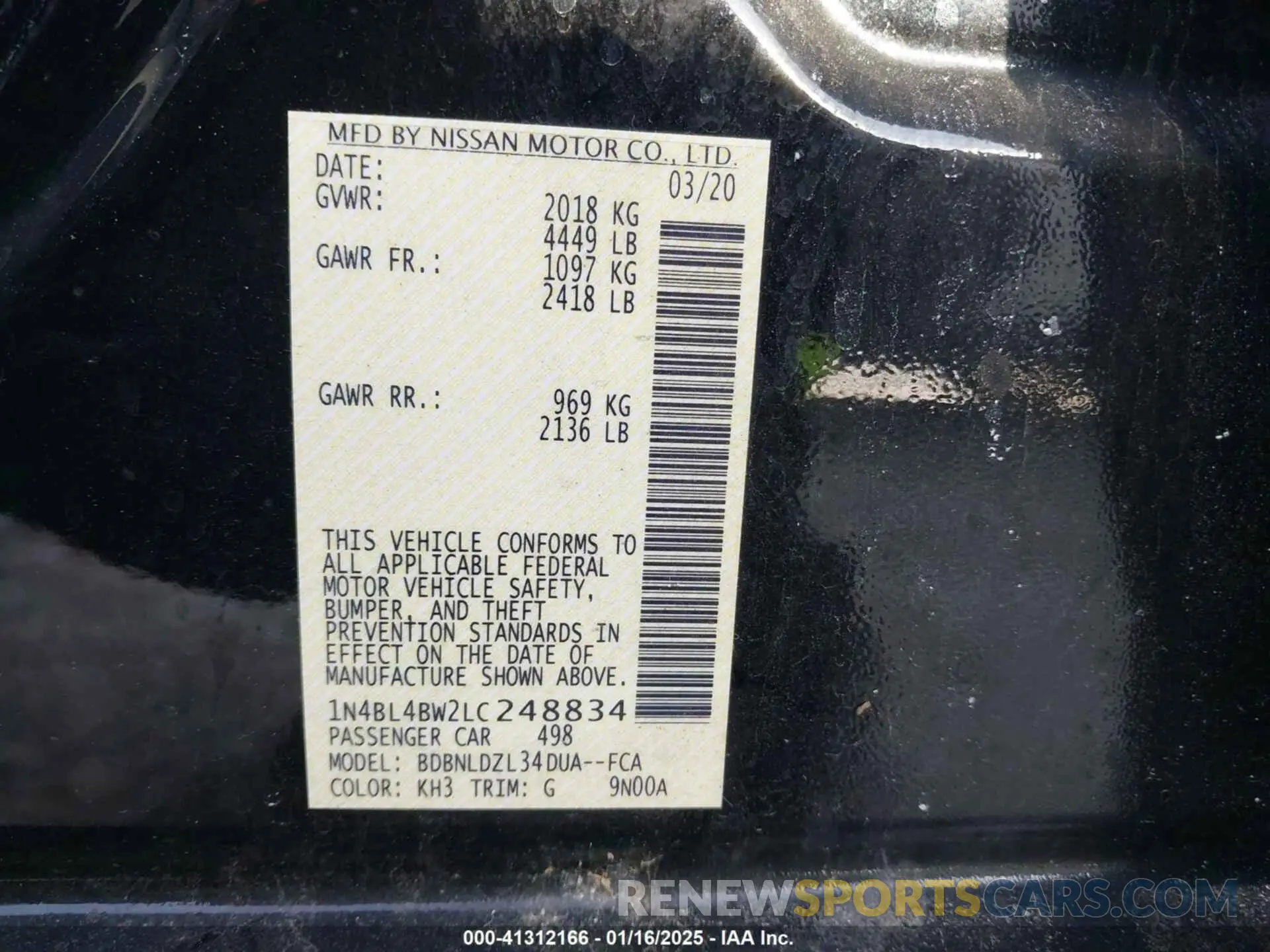 9 fotografías del automóvil dañado 1N4BL4BW2LC248834 NISSAN ALTIMA 2020