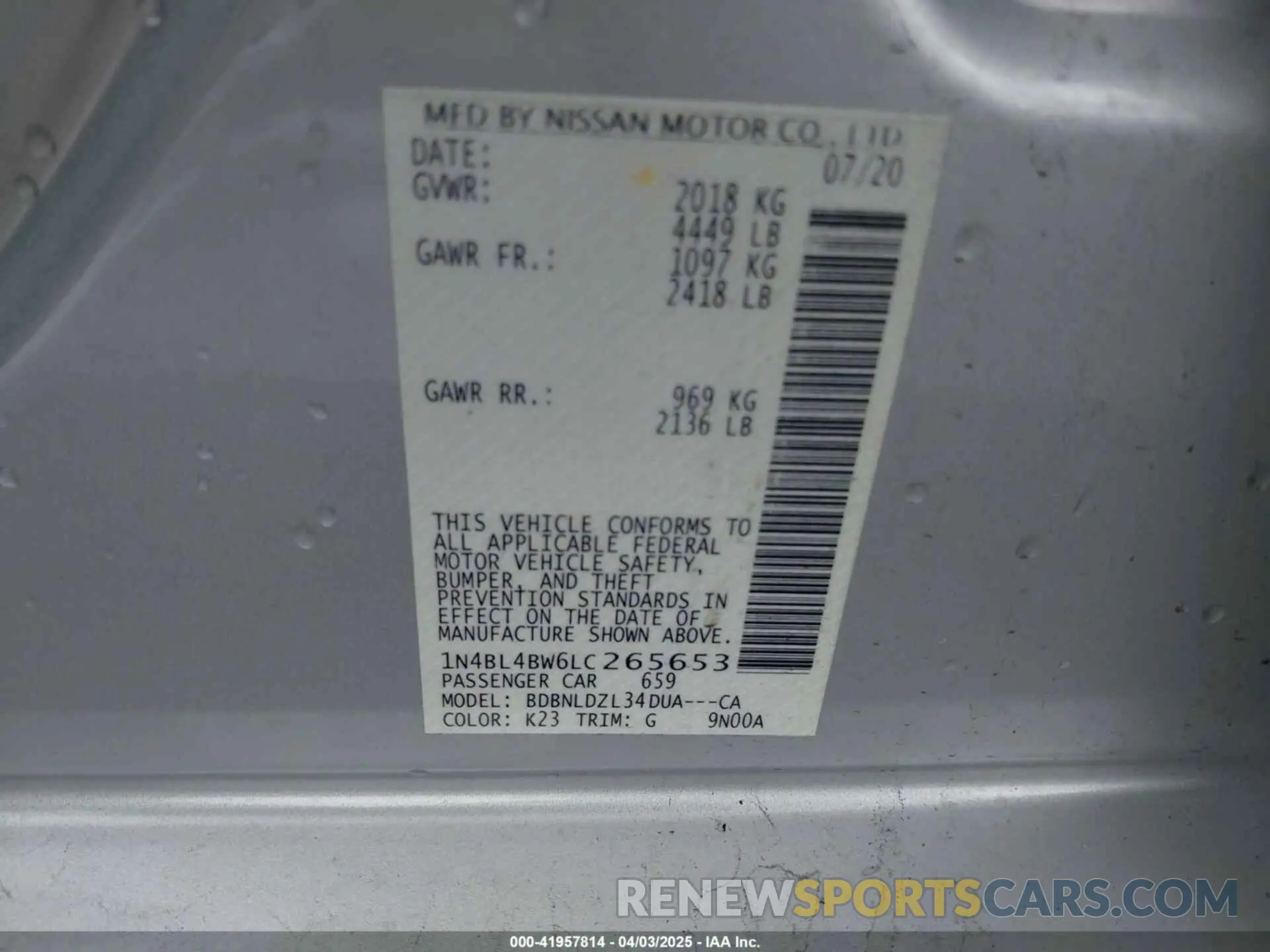 9 fotografías del automóvil dañado 1N4BL4BW6LC265653 NISSAN ALTIMA 2020