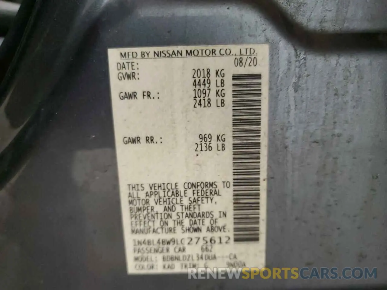 15 fotografías del automóvil dañado 1N4BL4BW9LC275612 NISSAN ALTIMA 2020
