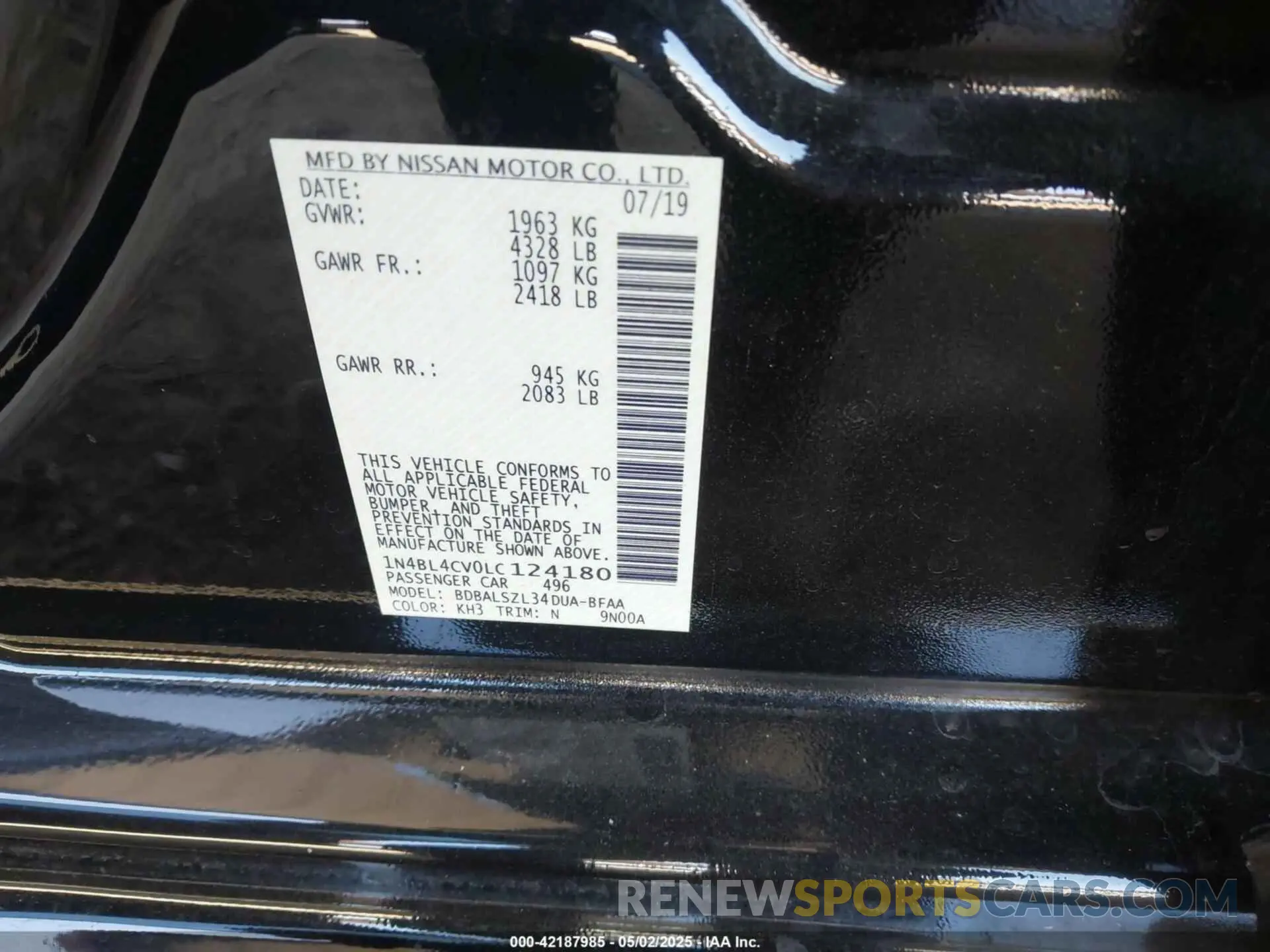9 fotografías del automóvil dañado 1N4BL4CV0LC124180 NISSAN ALTIMA 2020