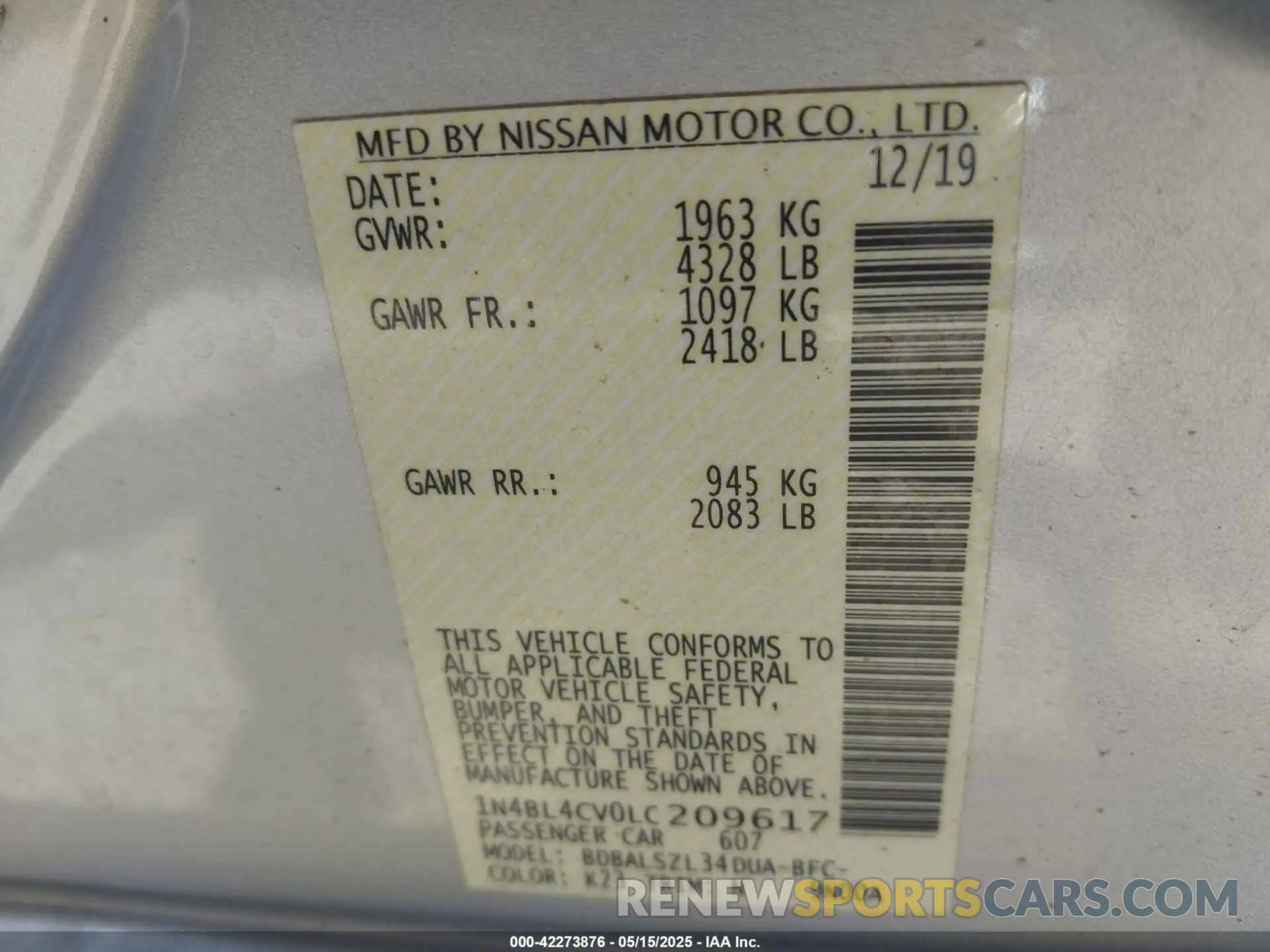 9 fotografías del automóvil dañado 1N4BL4CV0LC209617 NISSAN ALTIMA 2020