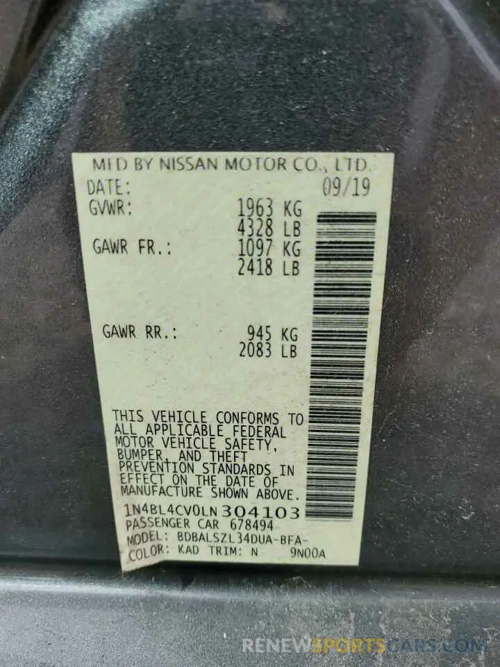 13 fotografías del automóvil dañado 1N4BL4CV0LN304103 NISSAN ALTIMA 2020
