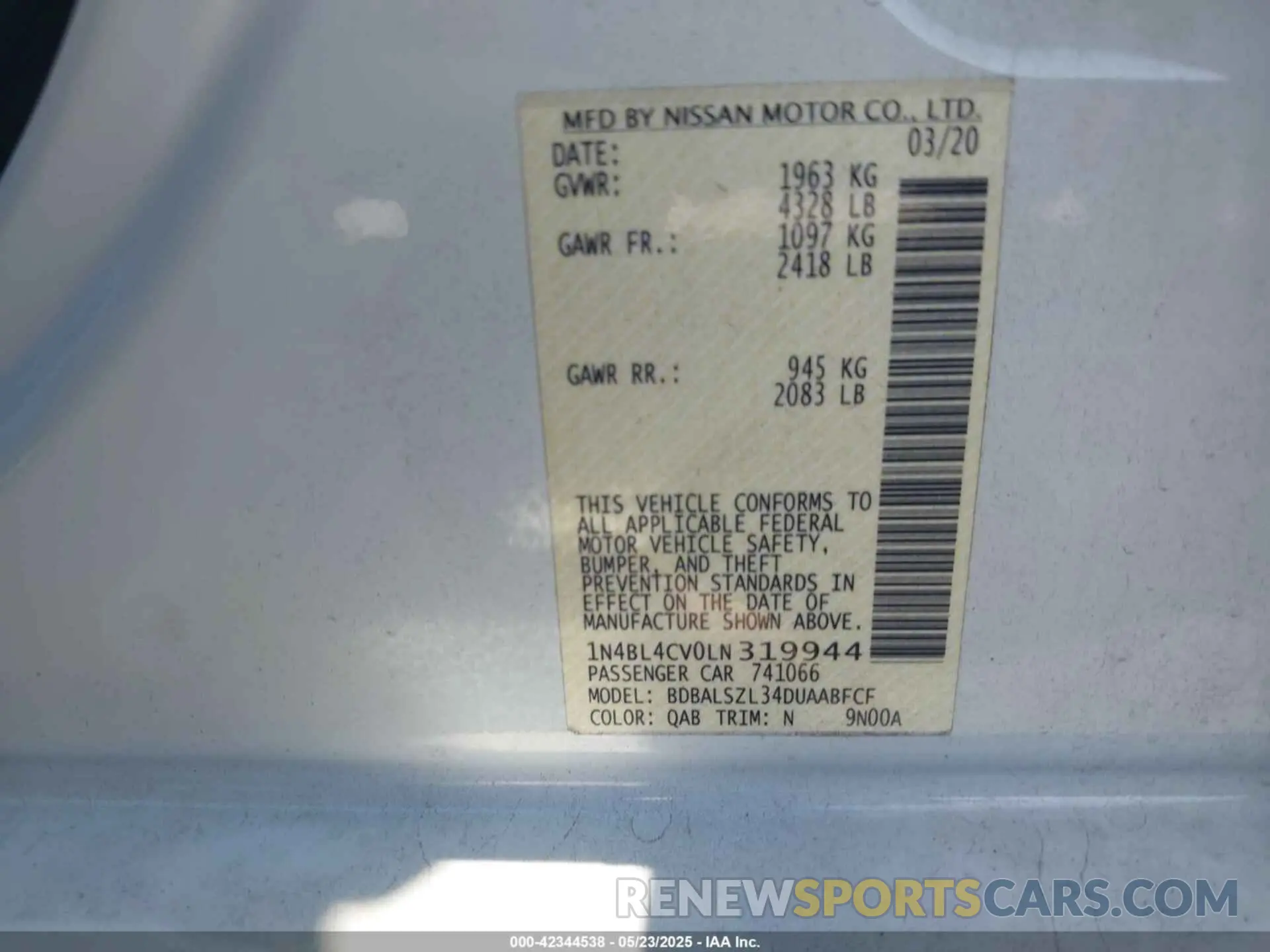 9 fotografías del automóvil dañado 1N4BL4CV0LN319944 NISSAN ALTIMA 2020