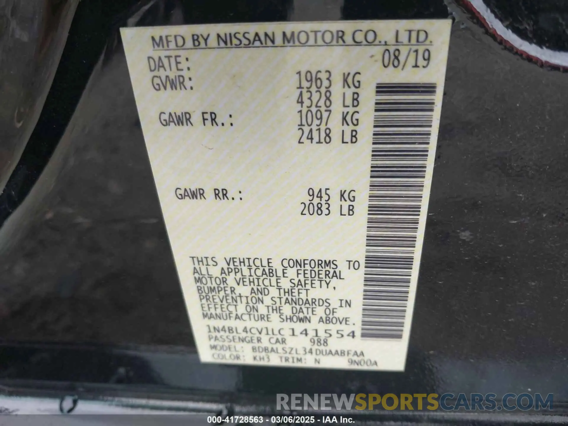 9 fotografías del automóvil dañado 1N4BL4CV1LC141554 NISSAN ALTIMA 2020