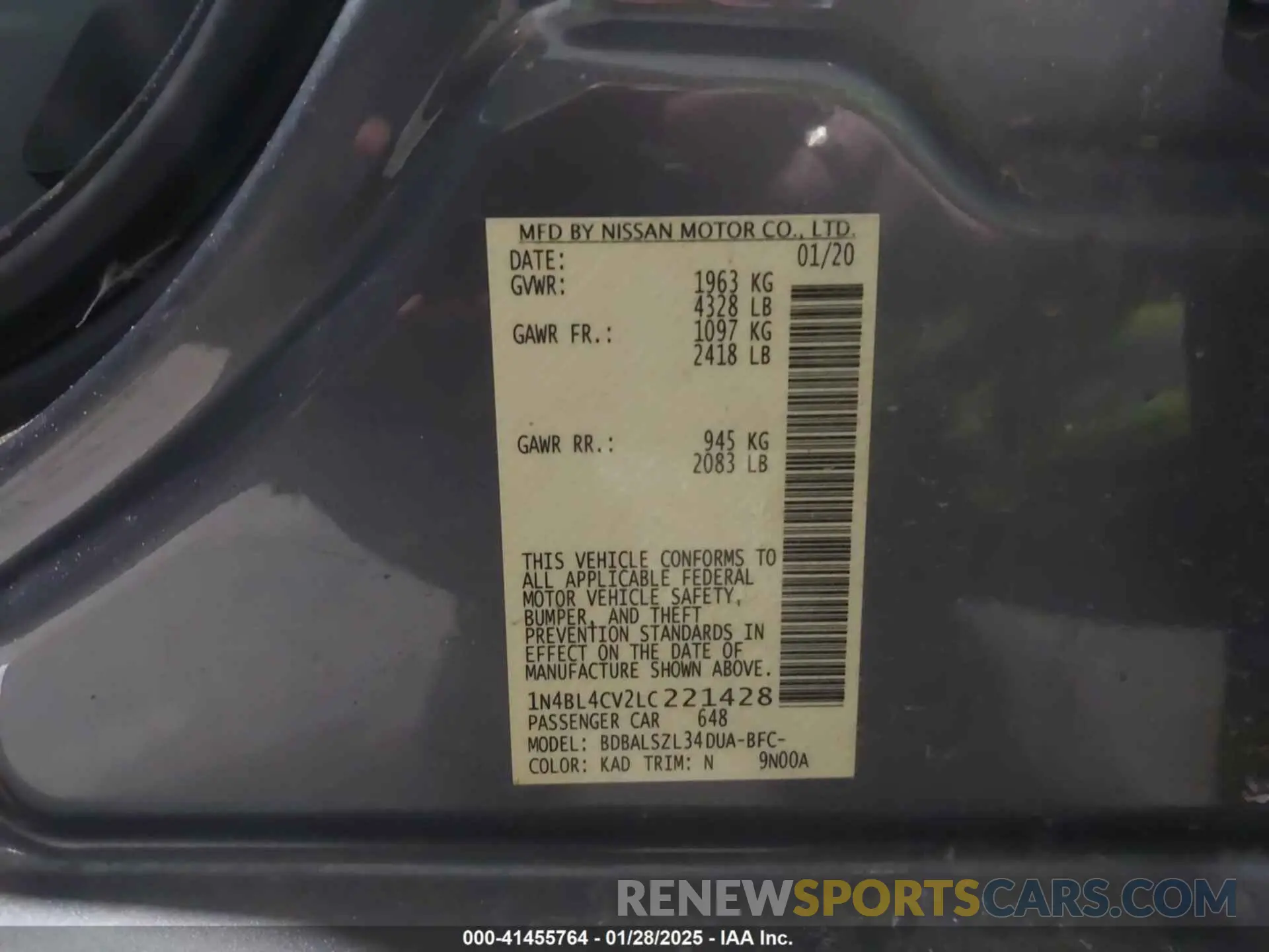9 fotografías del automóvil dañado 1N4BL4CV2LC221428 NISSAN ALTIMA 2020