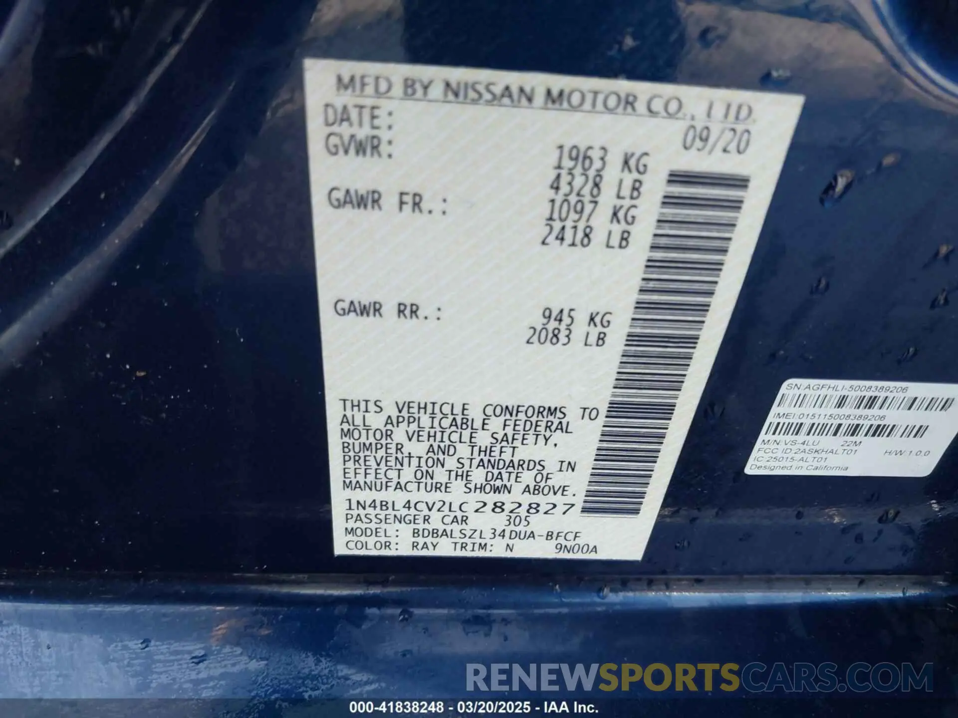 9 fotografías del automóvil dañado 1N4BL4CV2LC282827 NISSAN ALTIMA 2020