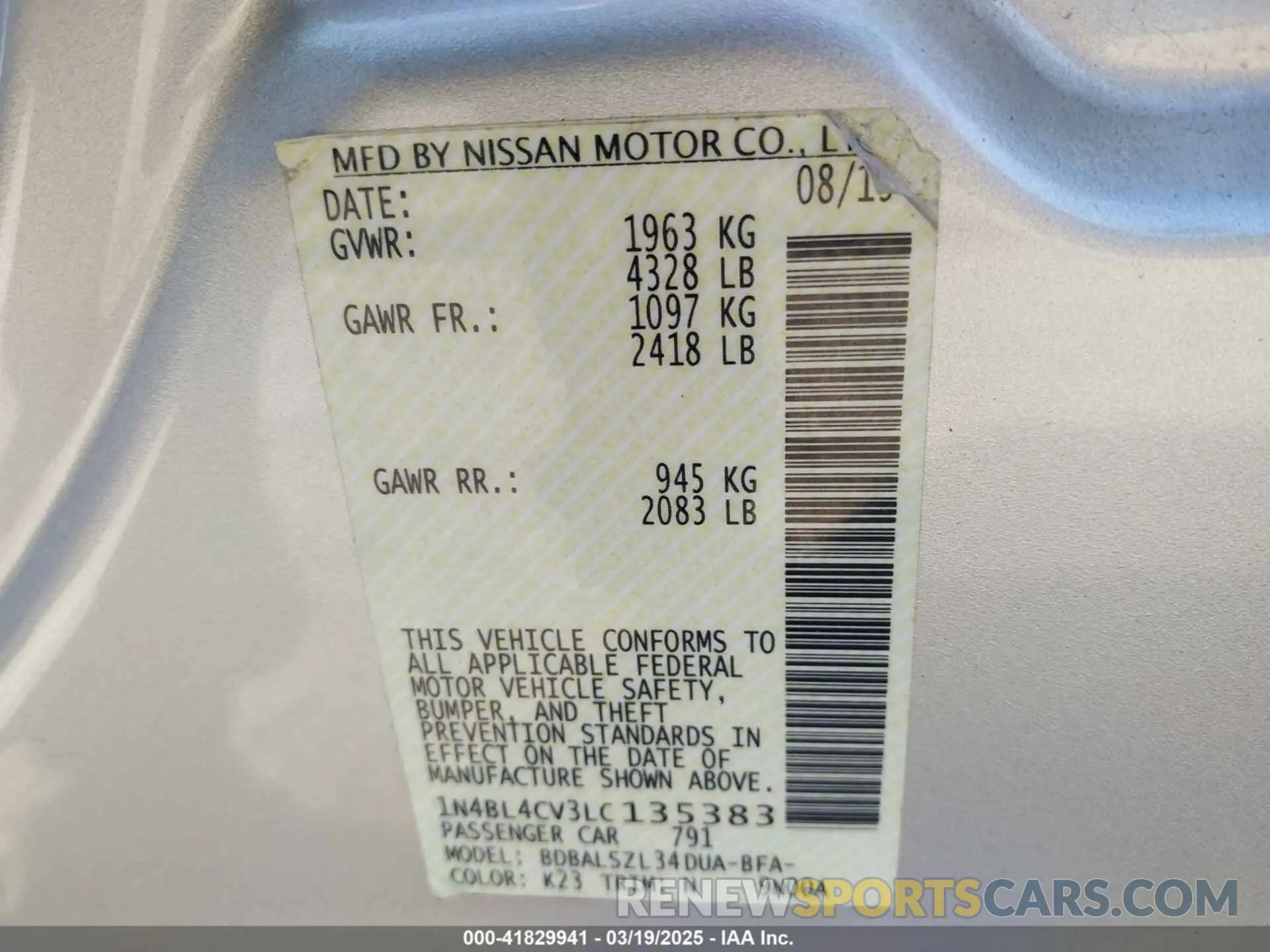 9 fotografías del automóvil dañado 1N4BL4CV3LC135383 NISSAN ALTIMA 2020