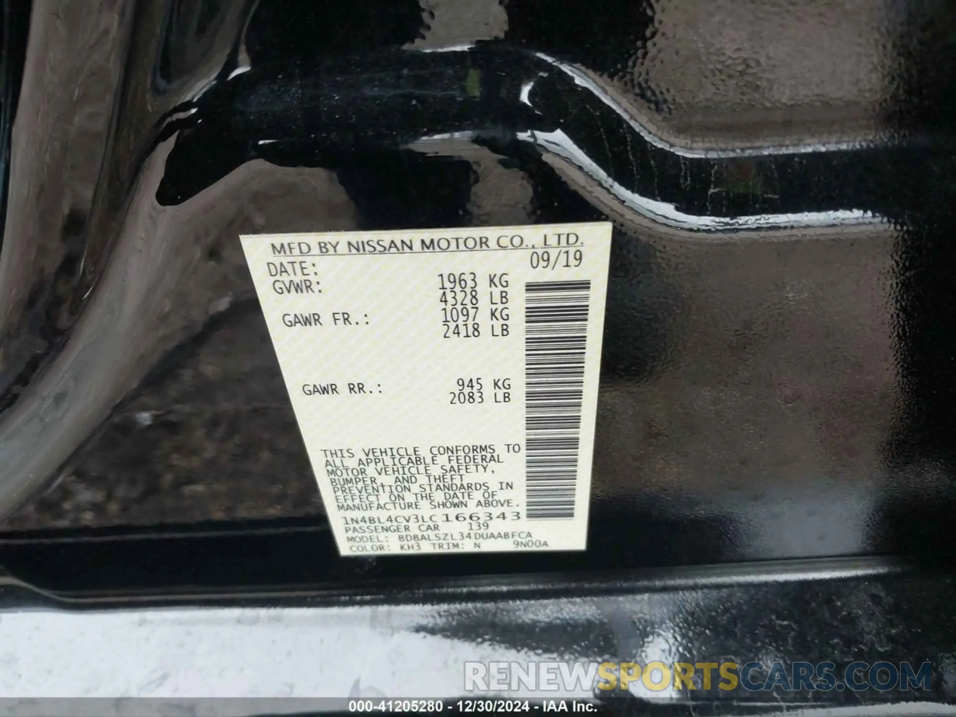9 fotografías del automóvil dañado 1N4BL4CV3LC166343 NISSAN ALTIMA 2020