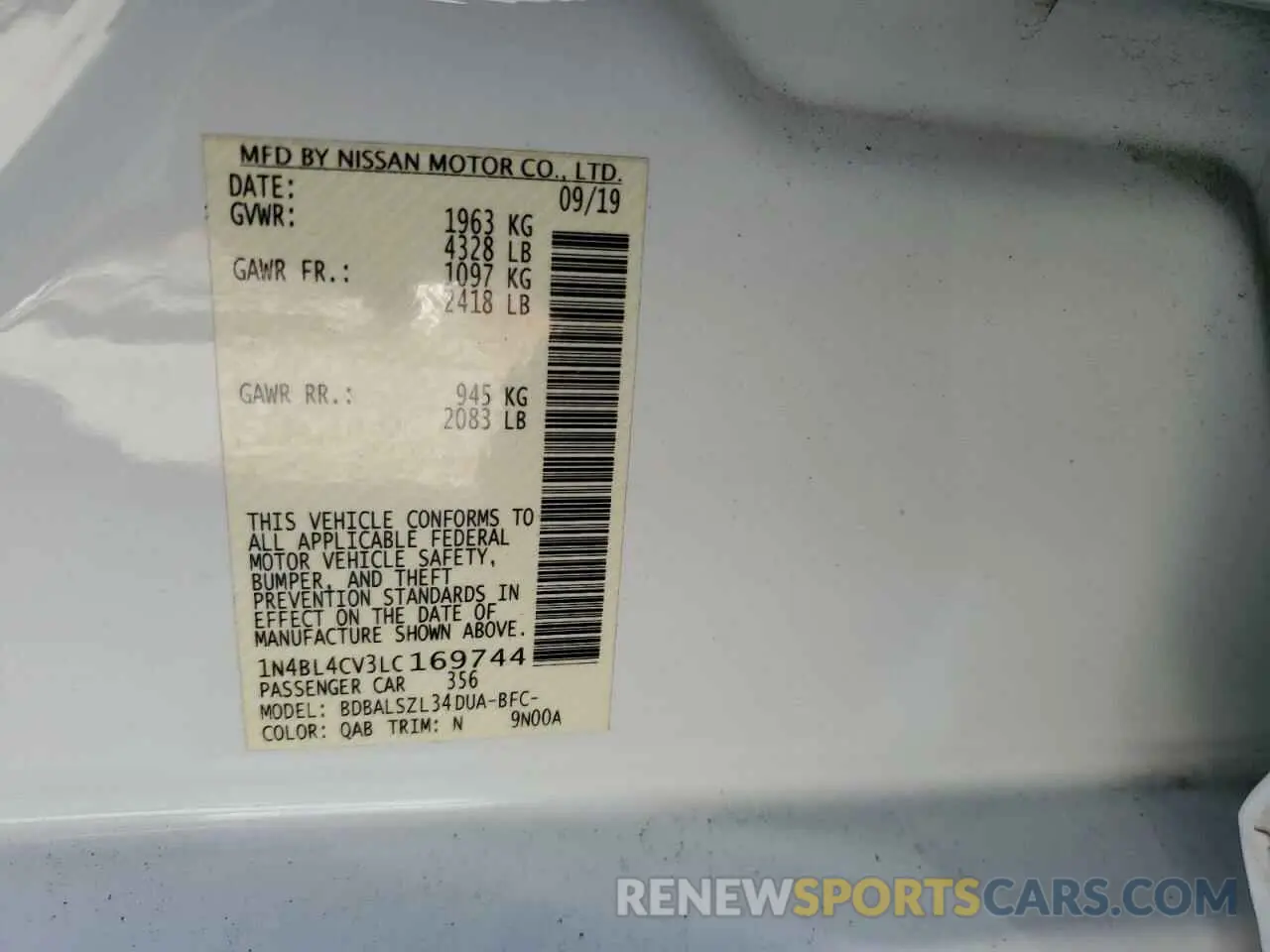 12 fotografías del automóvil dañado 1N4BL4CV3LC169744 NISSAN ALTIMA 2020