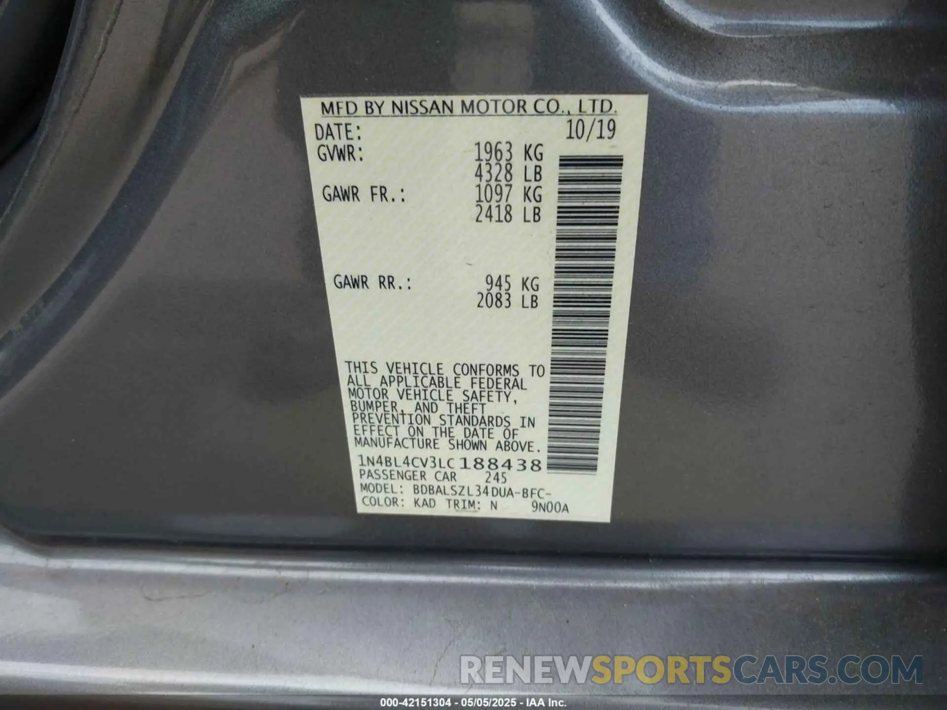 9 fotografías del automóvil dañado 1N4BL4CV3LC188438 NISSAN ALTIMA 2020