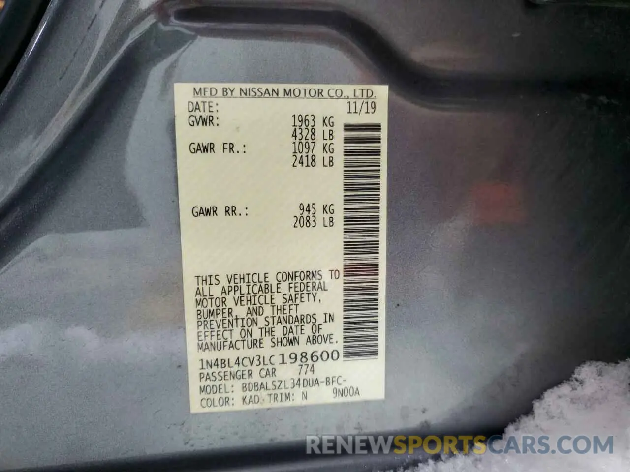 13 fotografías del automóvil dañado 1N4BL4CV3LC198600 NISSAN ALTIMA 2020
