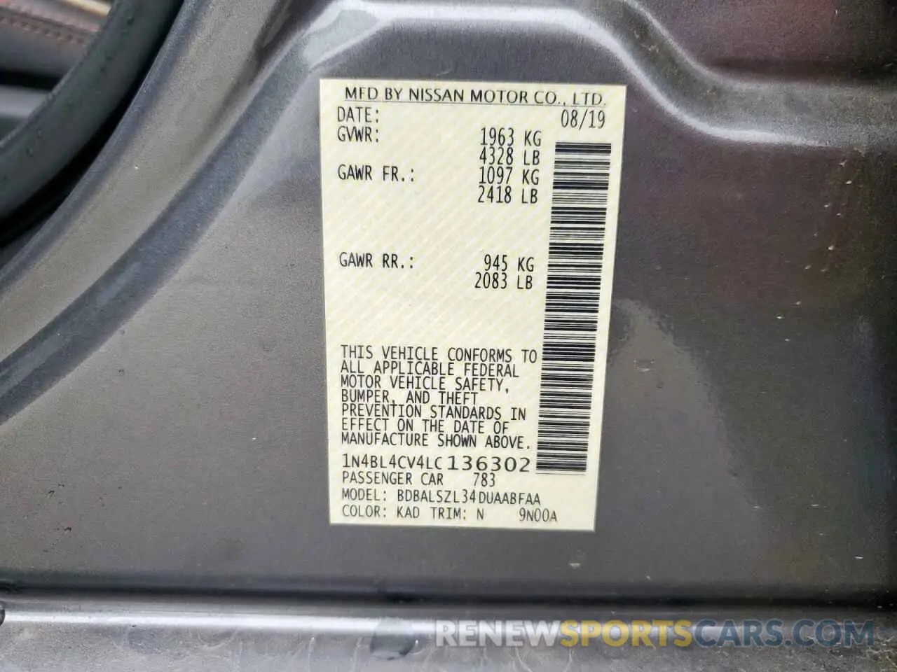 12 fotografías del automóvil dañado 1N4BL4CV4LC136302 NISSAN ALTIMA 2020