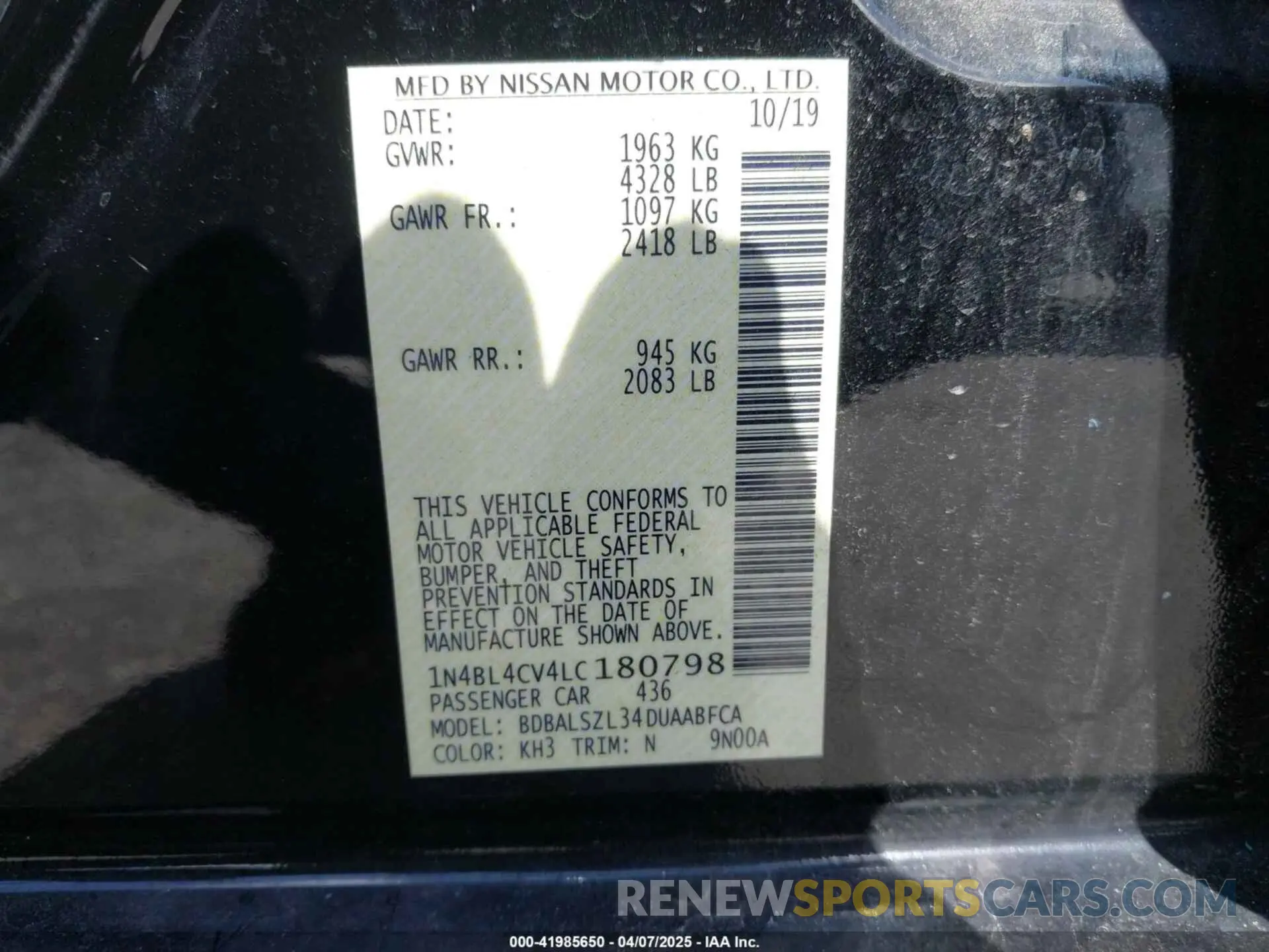 9 fotografías del automóvil dañado 1N4BL4CV4LC180798 NISSAN ALTIMA 2020