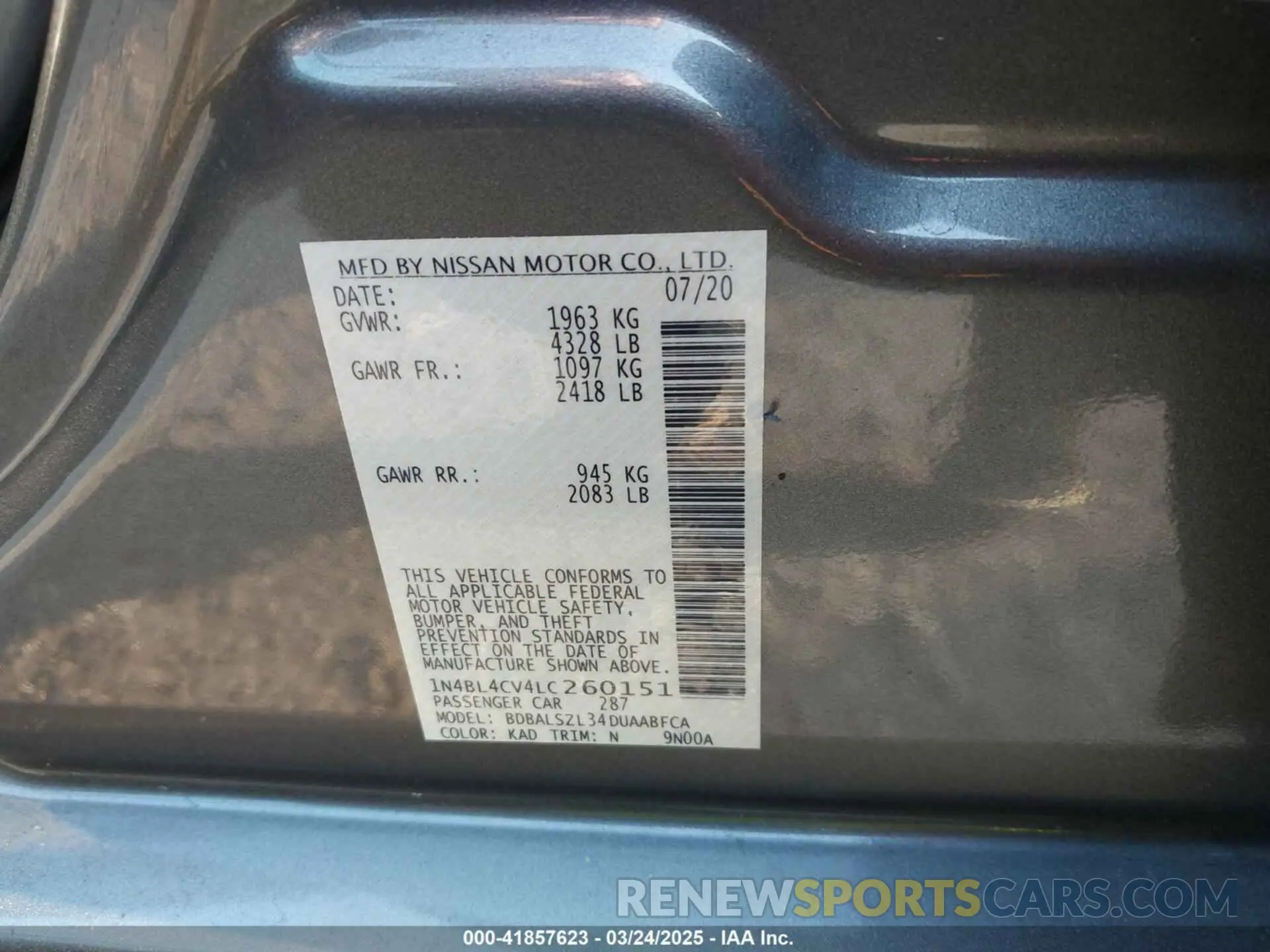 9 fotografías del automóvil dañado 1N4BL4CV4LC260151 NISSAN ALTIMA 2020