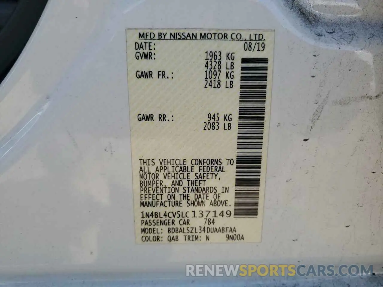 12 fotografías del automóvil dañado 1N4BL4CV5LC137149 NISSAN ALTIMA 2020