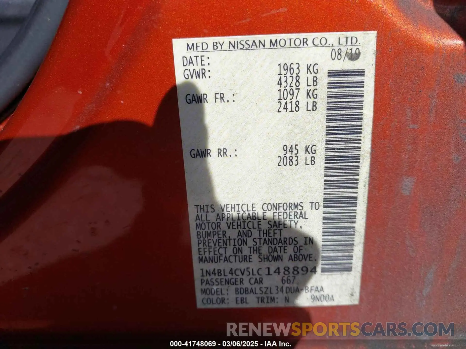 9 fotografías del automóvil dañado 1N4BL4CV5LC148894 NISSAN ALTIMA 2020