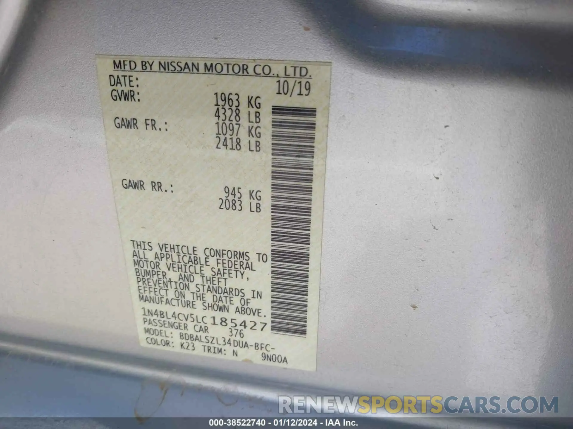9 fotografías del automóvil dañado 1N4BL4CV5LC185427 NISSAN ALTIMA 2020