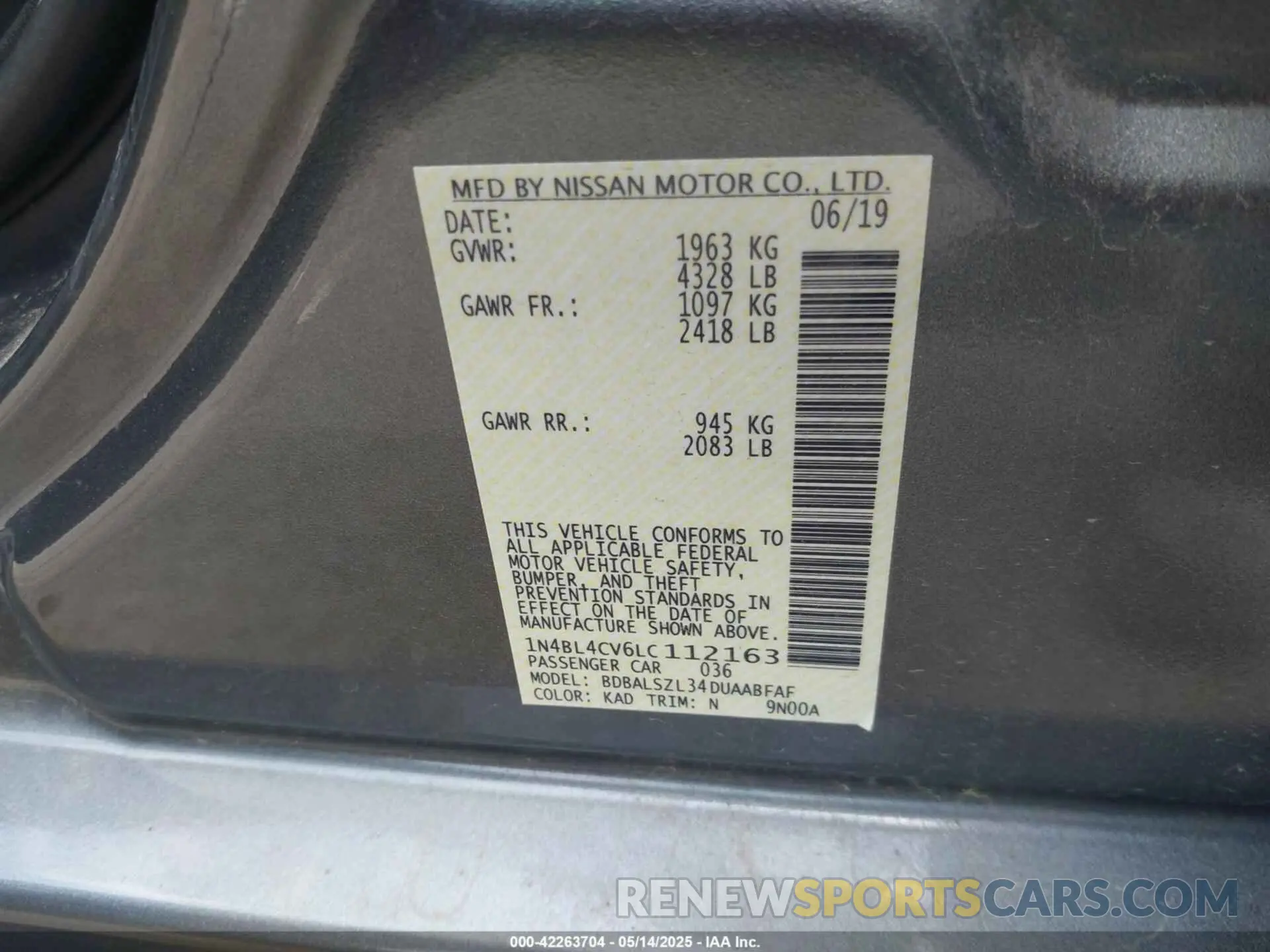 9 fotografías del automóvil dañado 1N4BL4CV6LC112163 NISSAN ALTIMA 2020