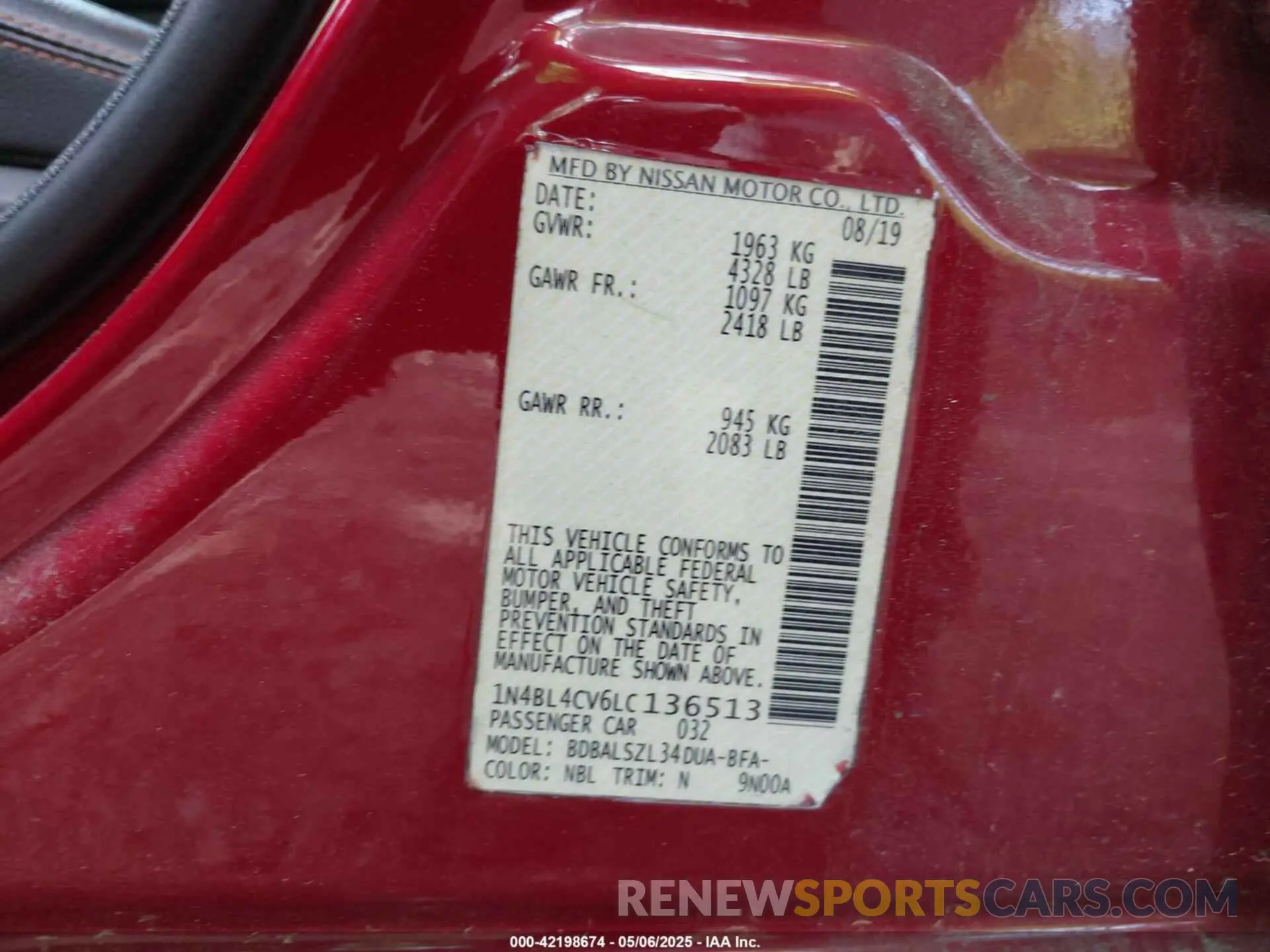 9 fotografías del automóvil dañado 1N4BL4CV6LC136513 NISSAN ALTIMA 2020