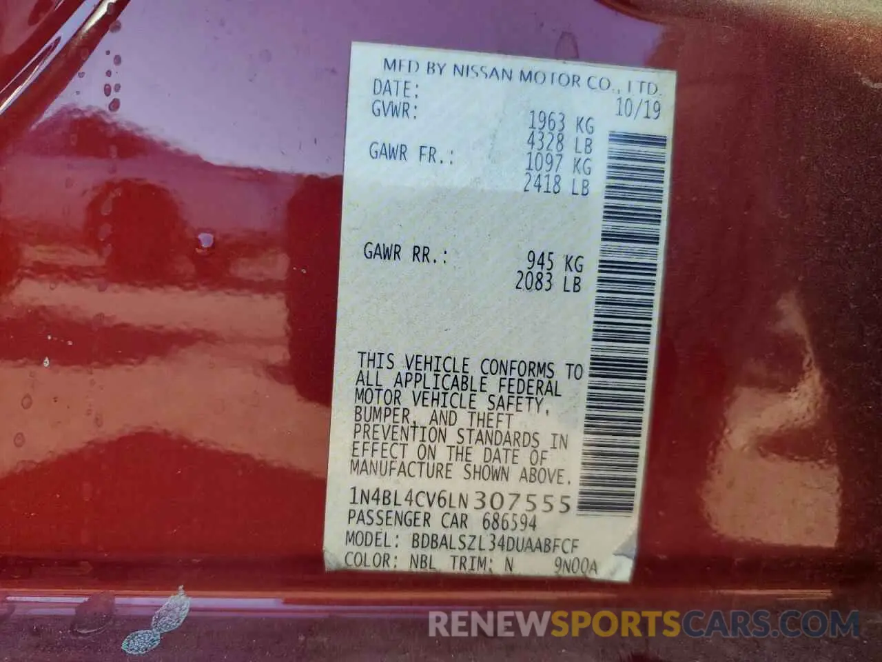 15 fotografías del automóvil dañado 1N4BL4CV6LN307555 NISSAN ALTIMA 2020