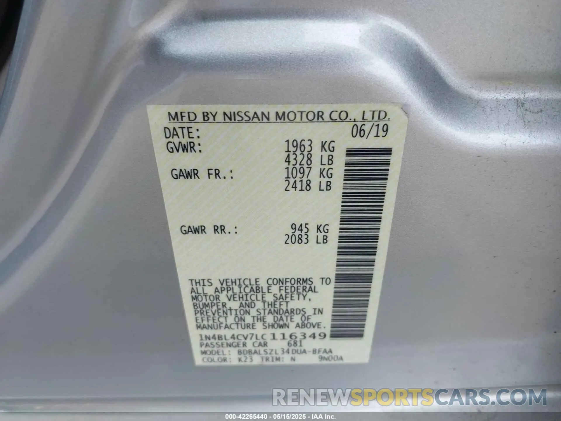 9 fotografías del automóvil dañado 1N4BL4CV7LC116349 NISSAN ALTIMA 2020