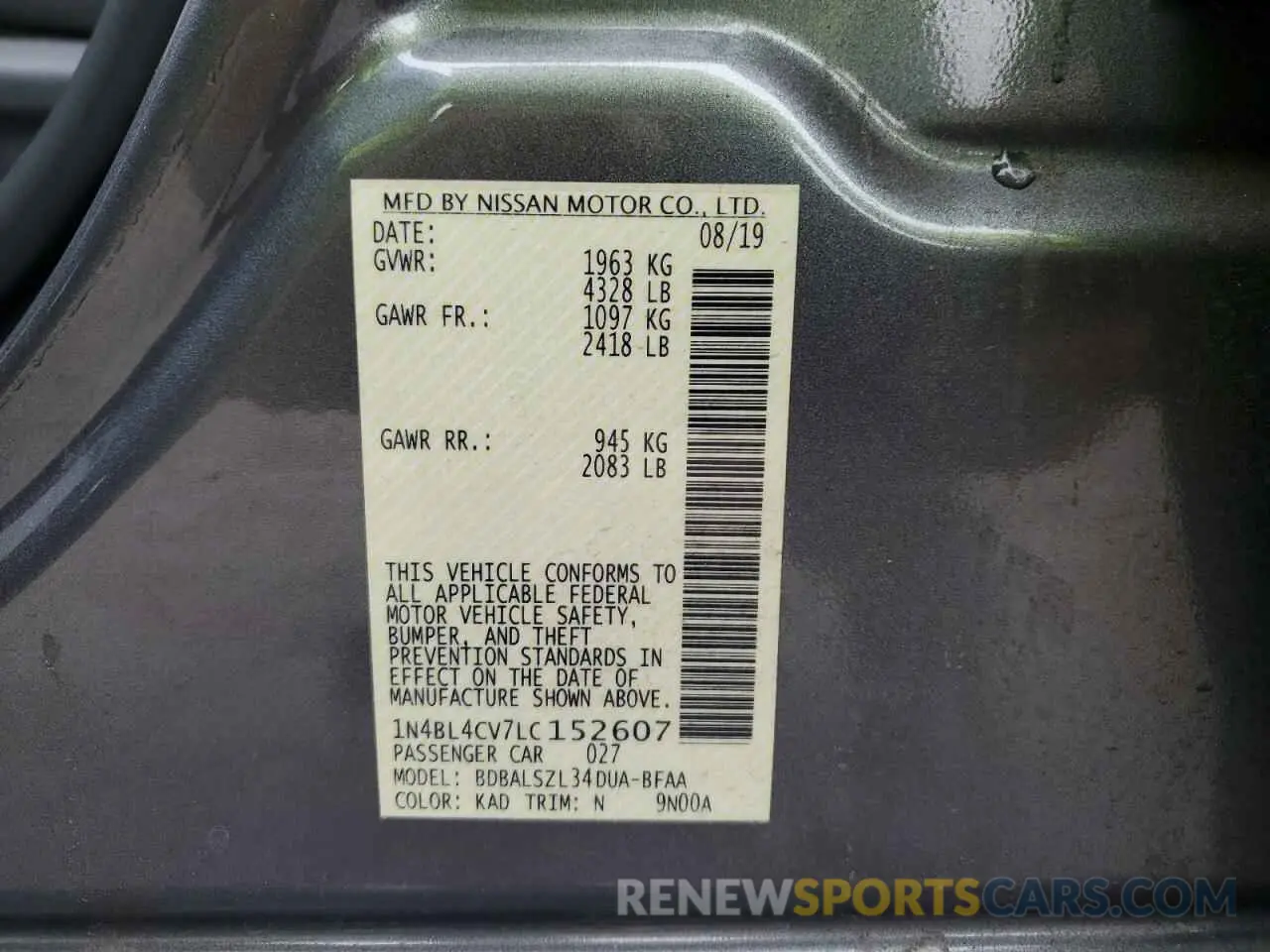 14 fotografías del automóvil dañado 1N4BL4CV7LC152607 NISSAN ALTIMA 2020