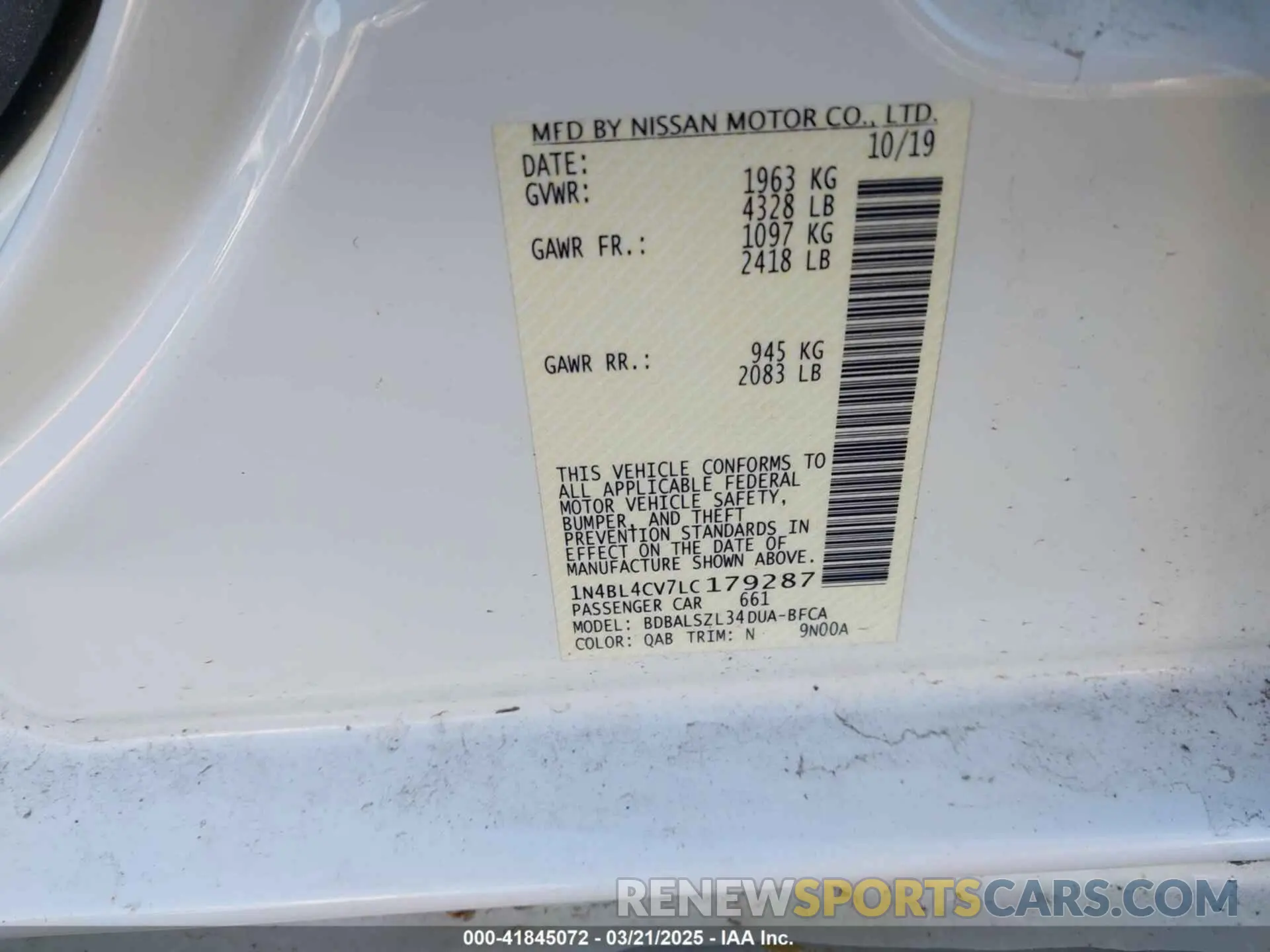 9 fotografías del automóvil dañado 1N4BL4CV7LC179287 NISSAN ALTIMA 2020