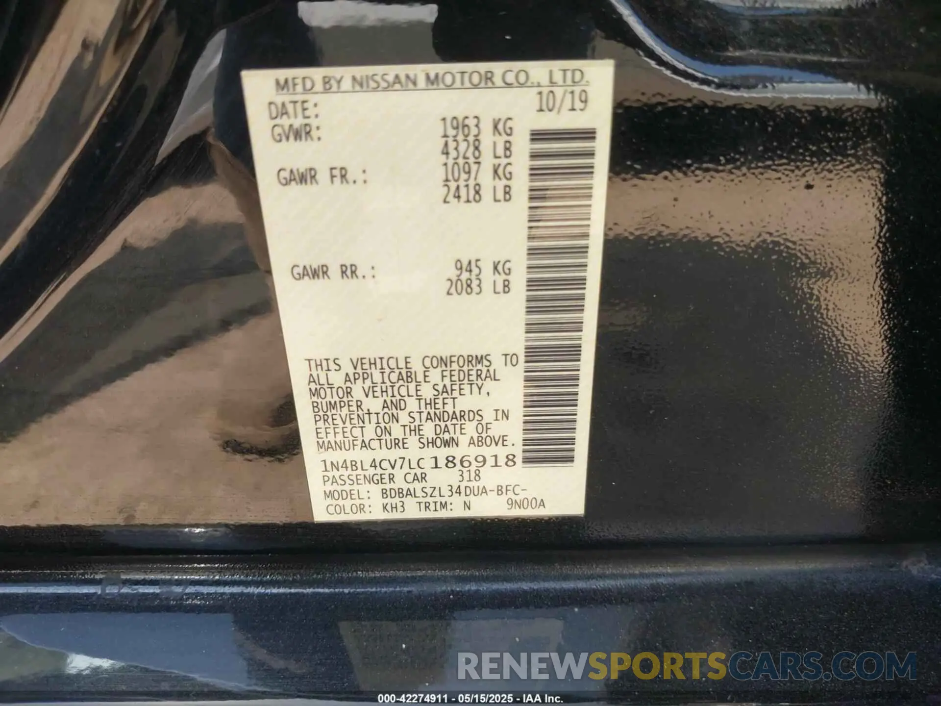 9 fotografías del automóvil dañado 1N4BL4CV7LC186918 NISSAN ALTIMA 2020