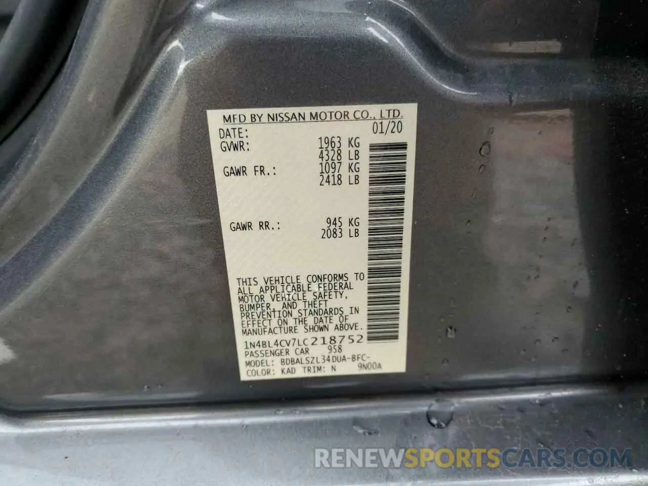13 fotografías del automóvil dañado 1N4BL4CV7LC218752 NISSAN ALTIMA 2020