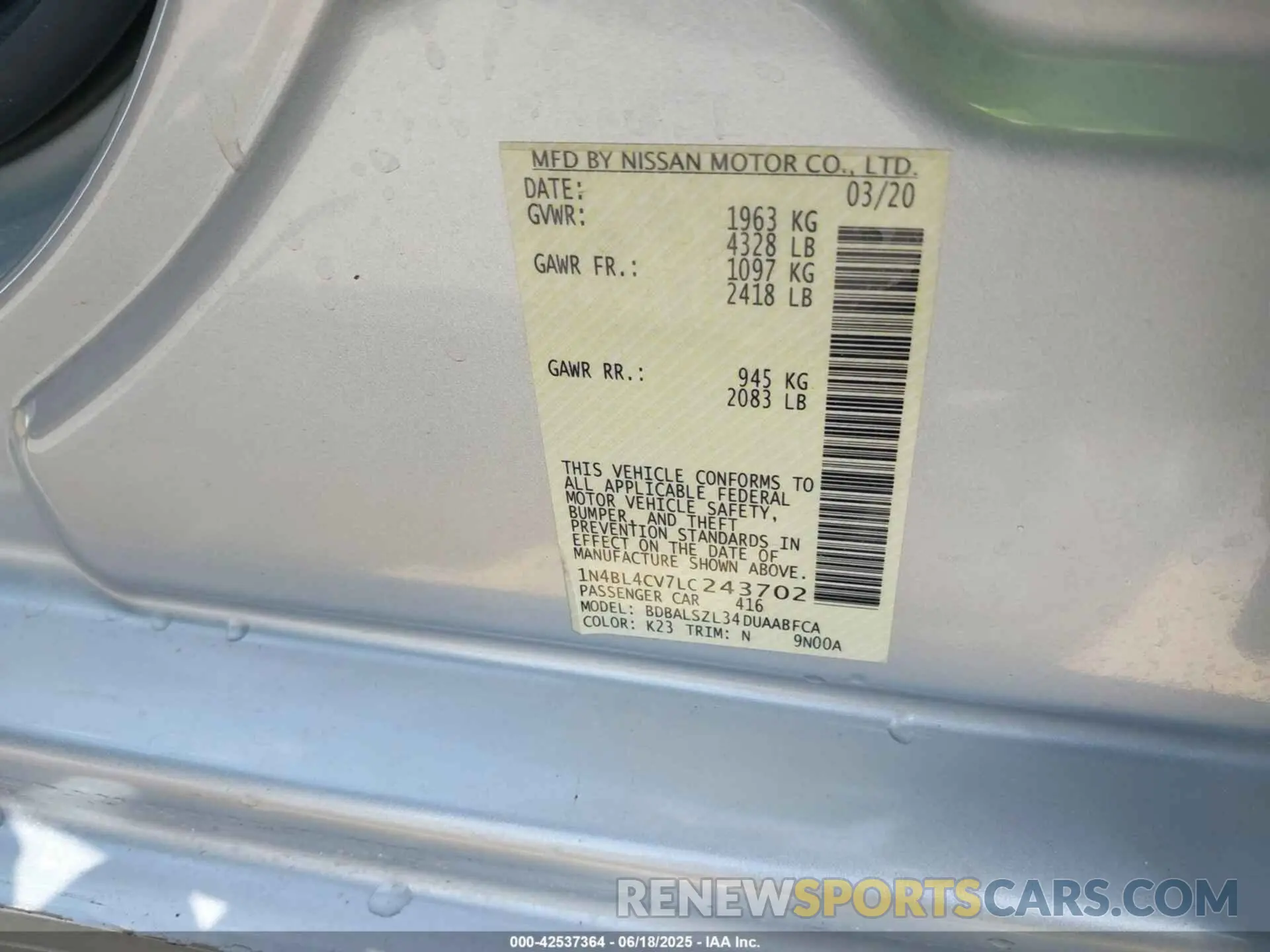 9 fotografías del automóvil dañado 1N4BL4CV7LC243702 NISSAN ALTIMA 2020
