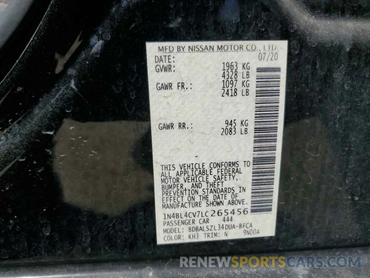 12 fotografías del automóvil dañado 1N4BL4CV7LC265456 NISSAN ALTIMA 2020