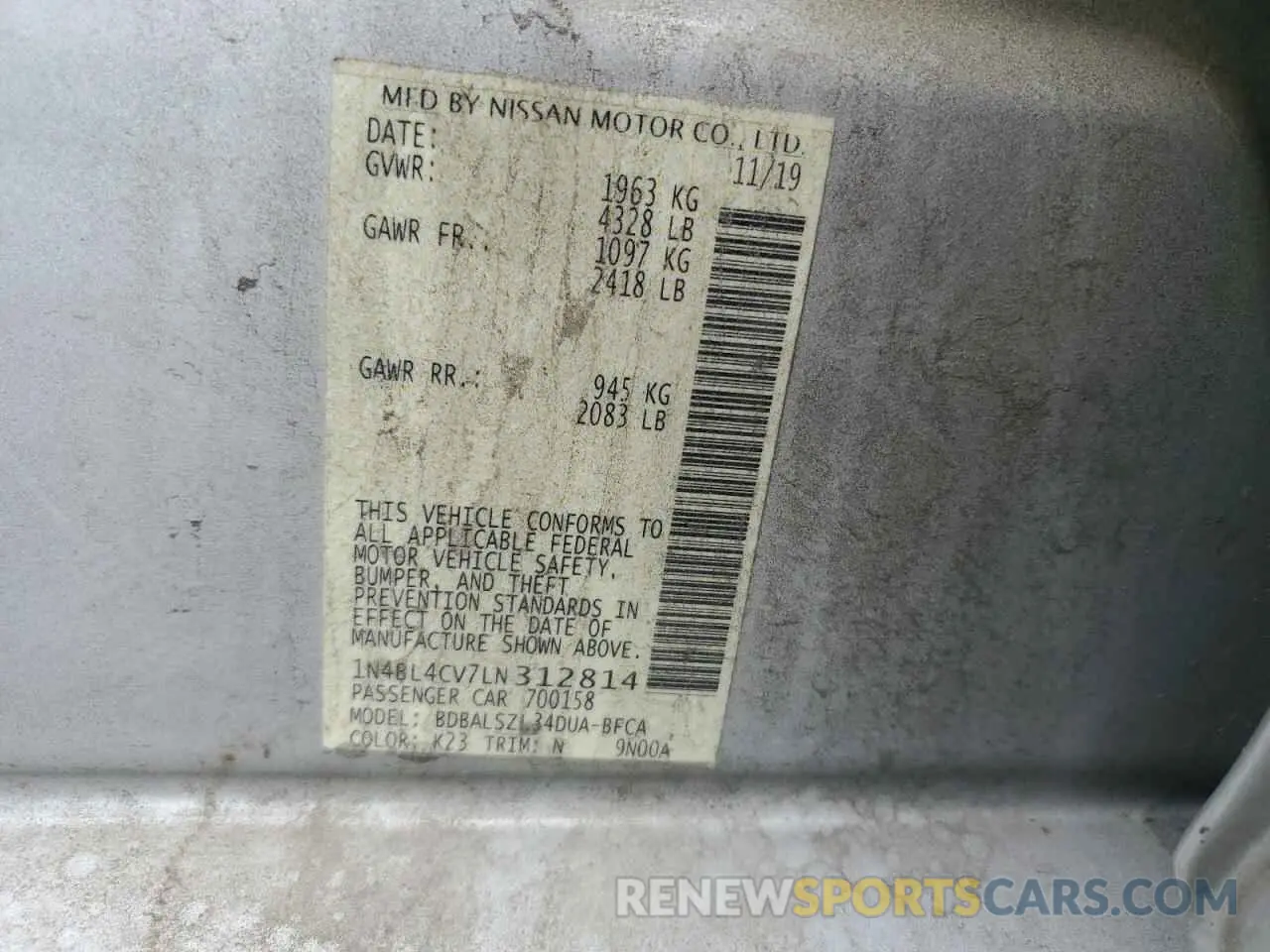 12 fotografías del automóvil dañado 1N4BL4CV7LN312814 NISSAN ALTIMA 2020