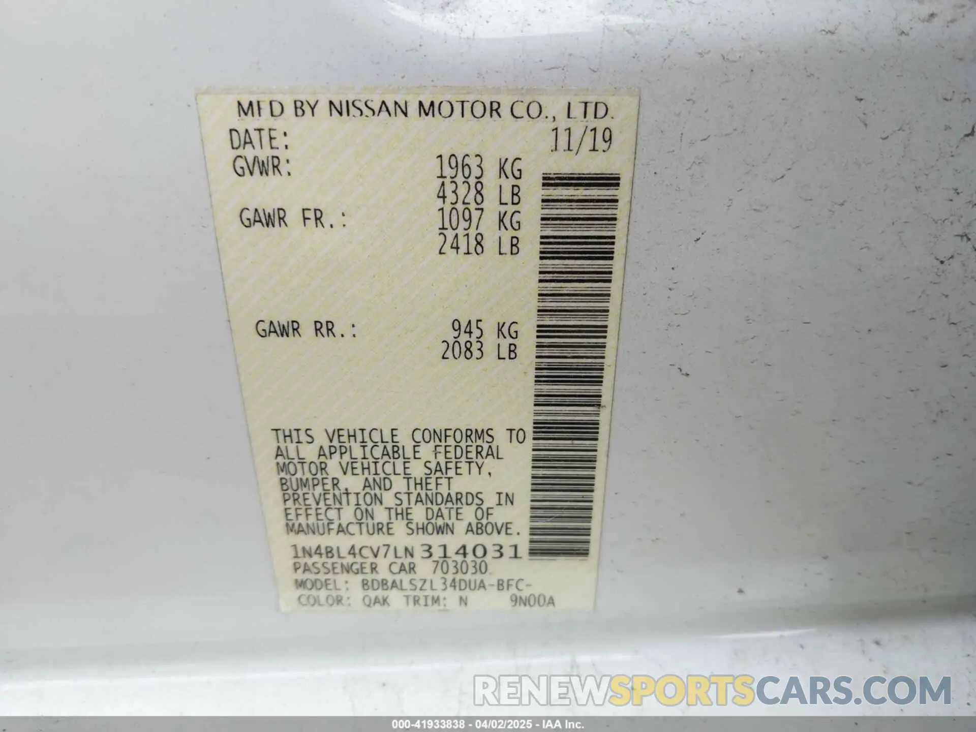 9 fotografías del automóvil dañado 1N4BL4CV7LN314031 NISSAN ALTIMA 2020