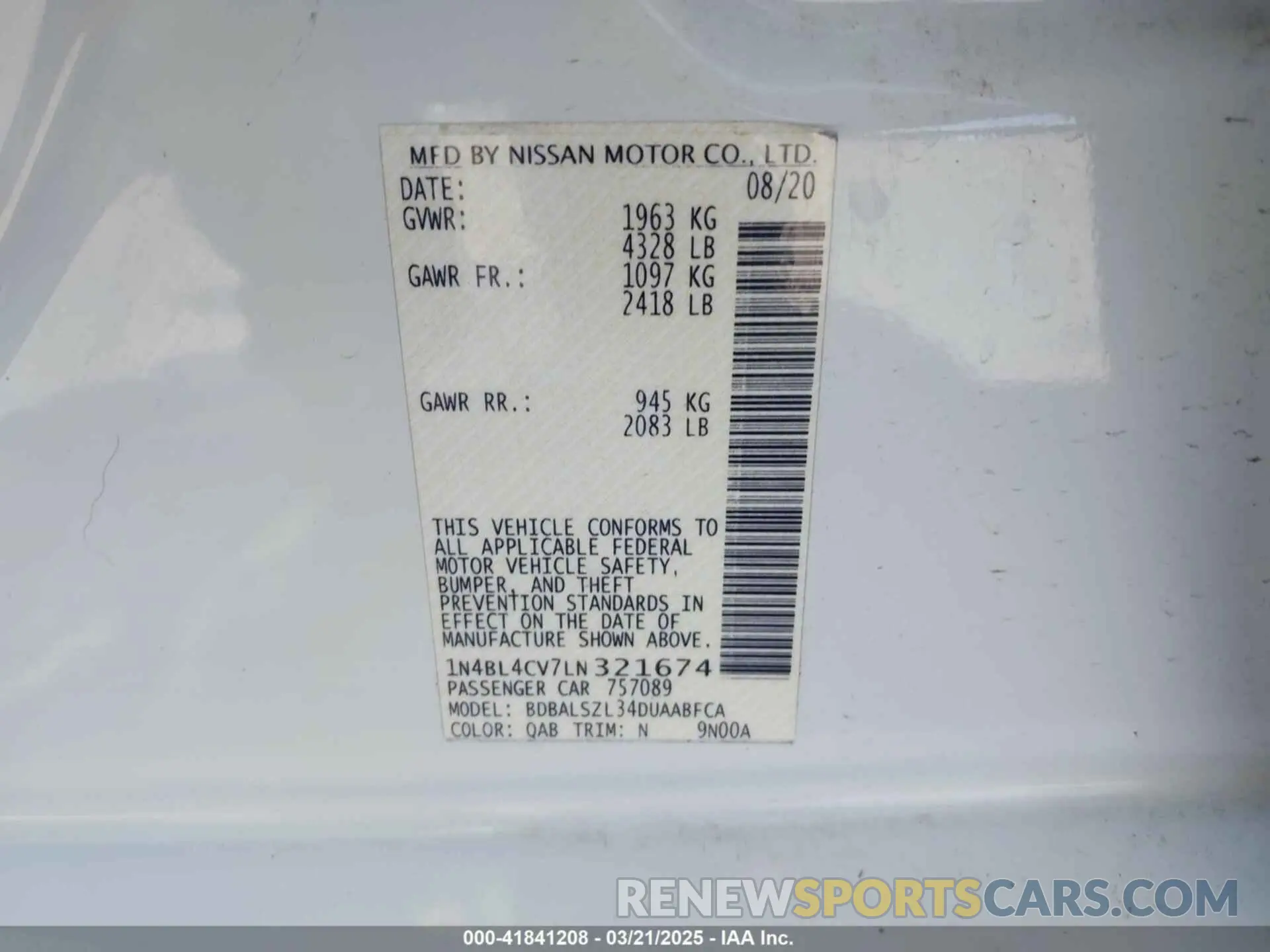 9 fotografías del automóvil dañado 1N4BL4CV7LN321674 NISSAN ALTIMA 2020