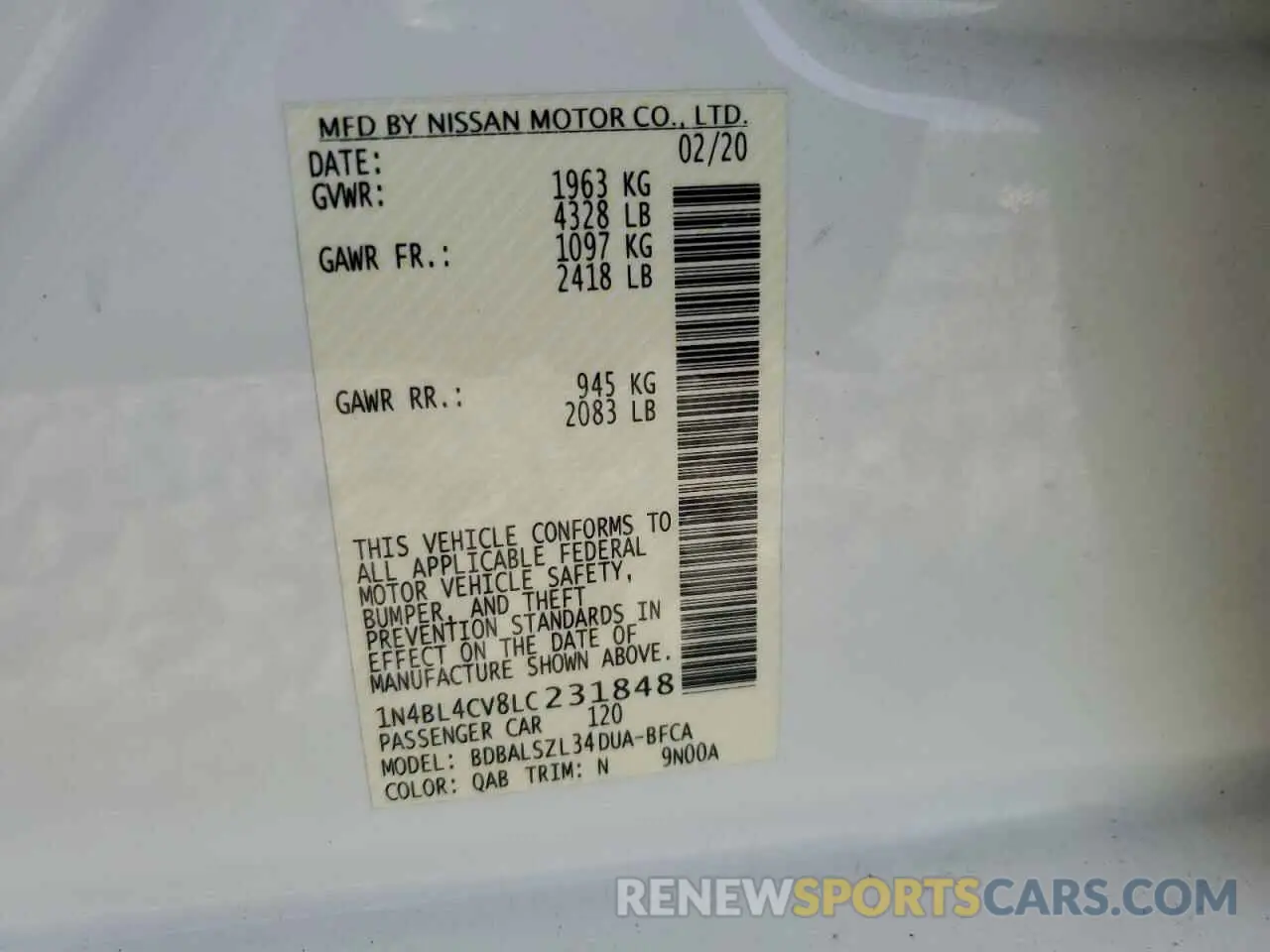 12 fotografías del automóvil dañado 1N4BL4CV8LC231848 NISSAN ALTIMA 2020