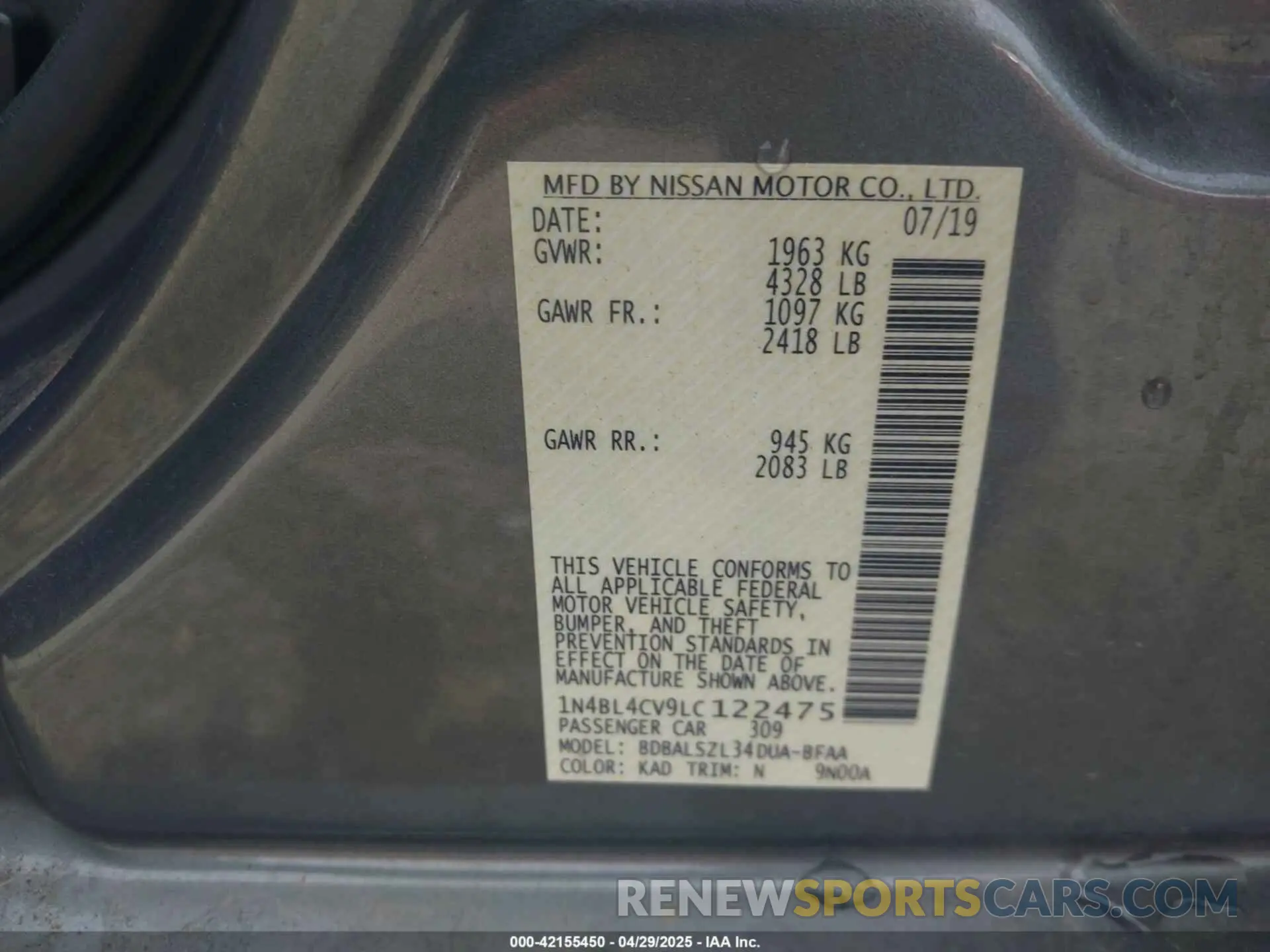 9 fotografías del automóvil dañado 1N4BL4CV9LC122475 NISSAN ALTIMA 2020