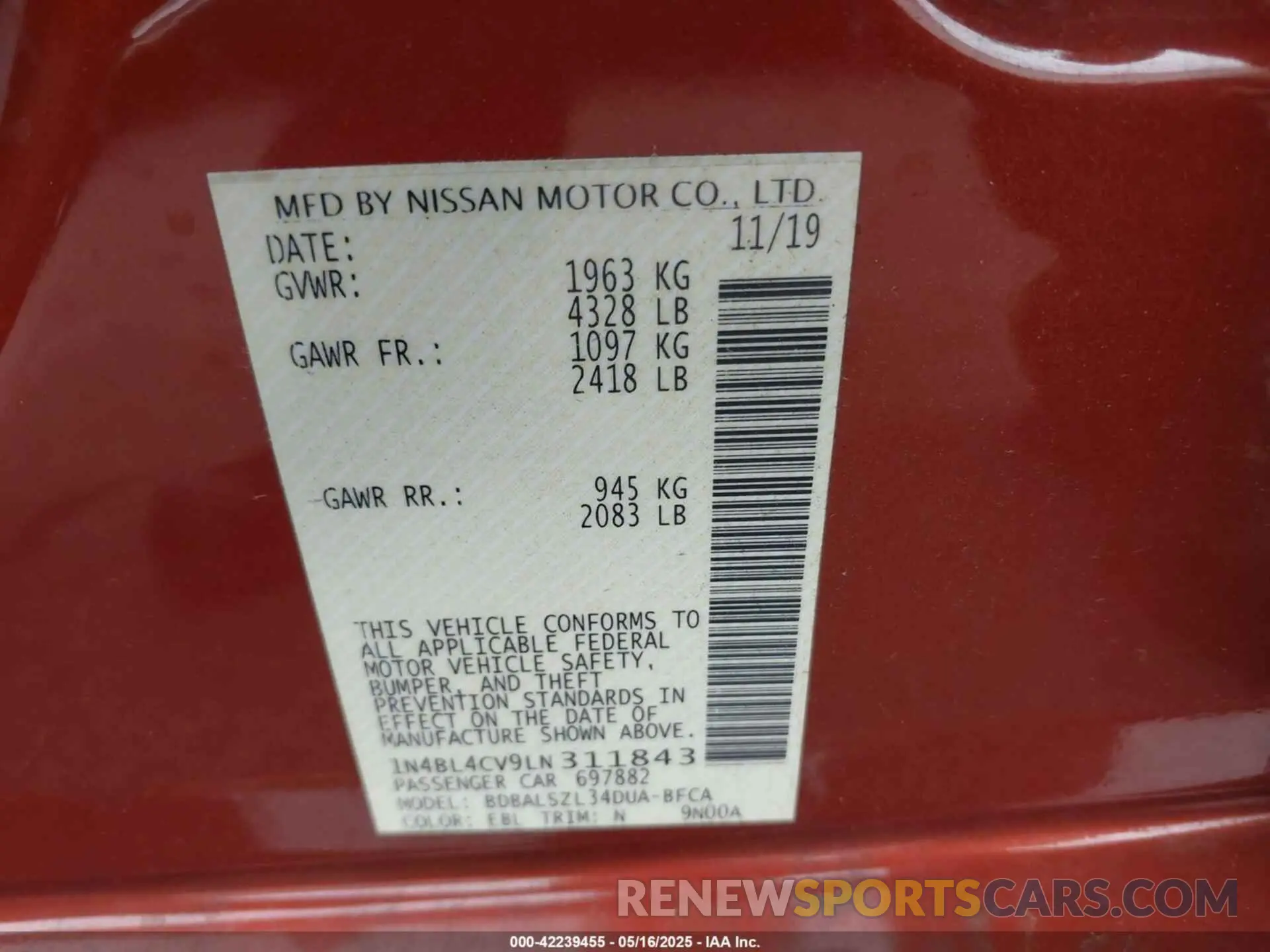 9 fotografías del automóvil dañado 1N4BL4CV9LN311843 NISSAN ALTIMA 2020