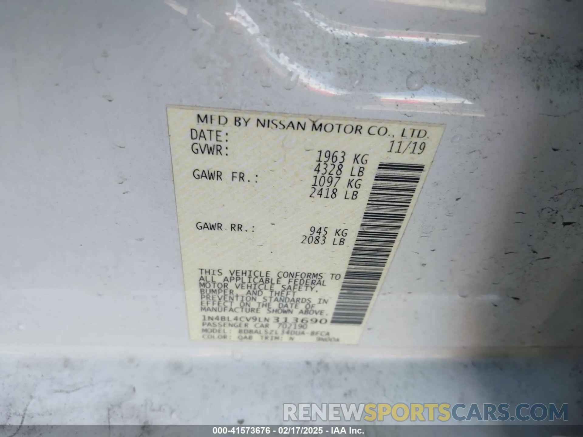 9 fotografías del automóvil dañado 1N4BL4CV9LN313690 NISSAN ALTIMA 2020