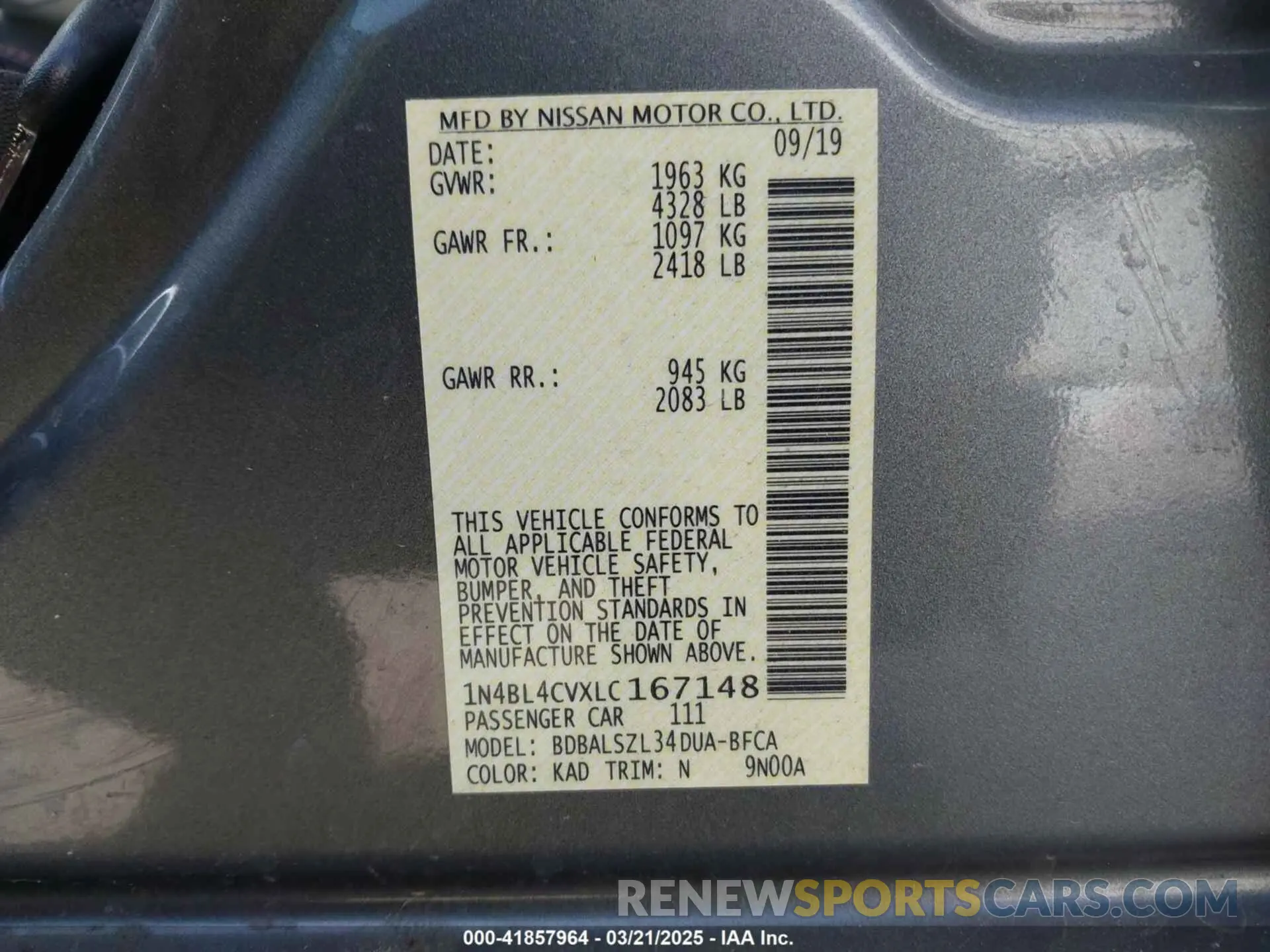 9 fotografías del automóvil dañado 1N4BL4CVXLC167148 NISSAN ALTIMA 2020