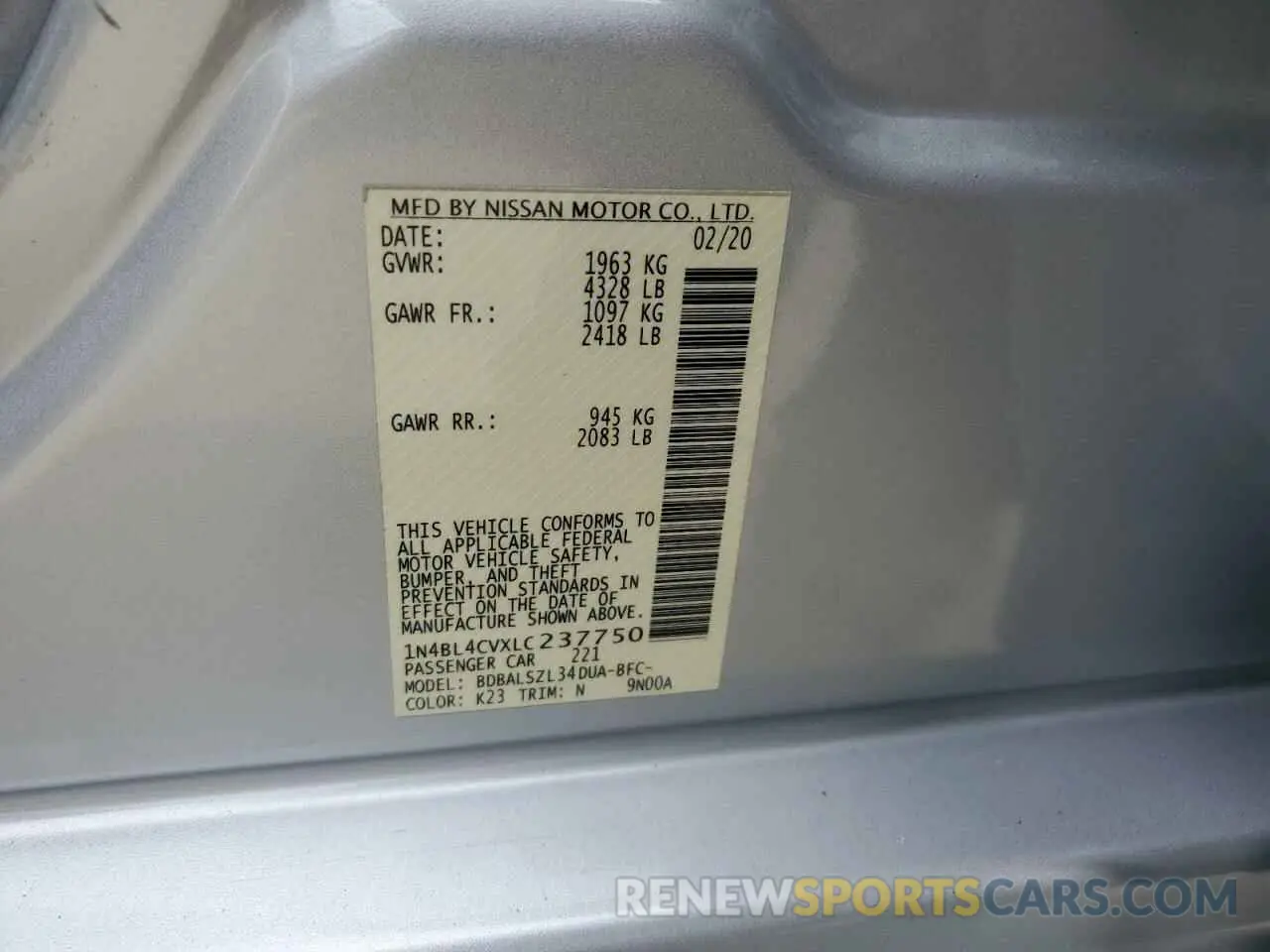 14 fotografías del automóvil dañado 1N4BL4CVXLC237750 NISSAN ALTIMA 2020