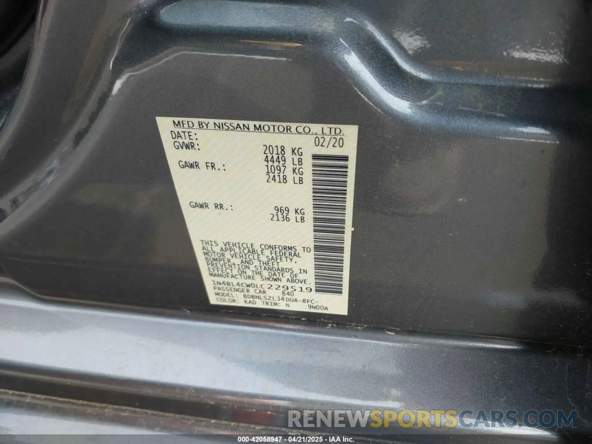 9 fotografías del automóvil dañado 1N4BL4CW0LC229519 NISSAN ALTIMA 2020