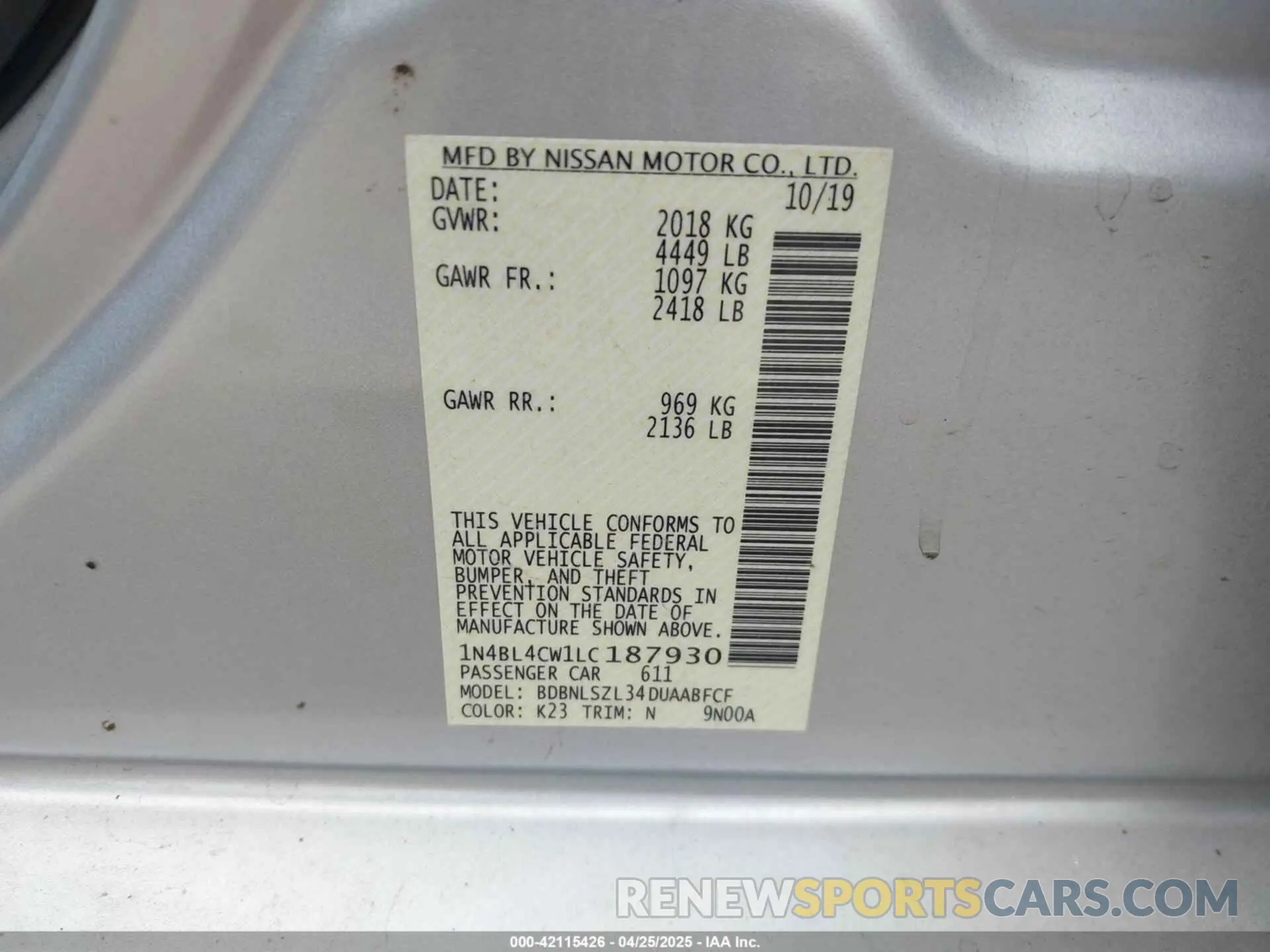 9 fotografías del automóvil dañado 1N4BL4CW1LC187930 NISSAN ALTIMA 2020