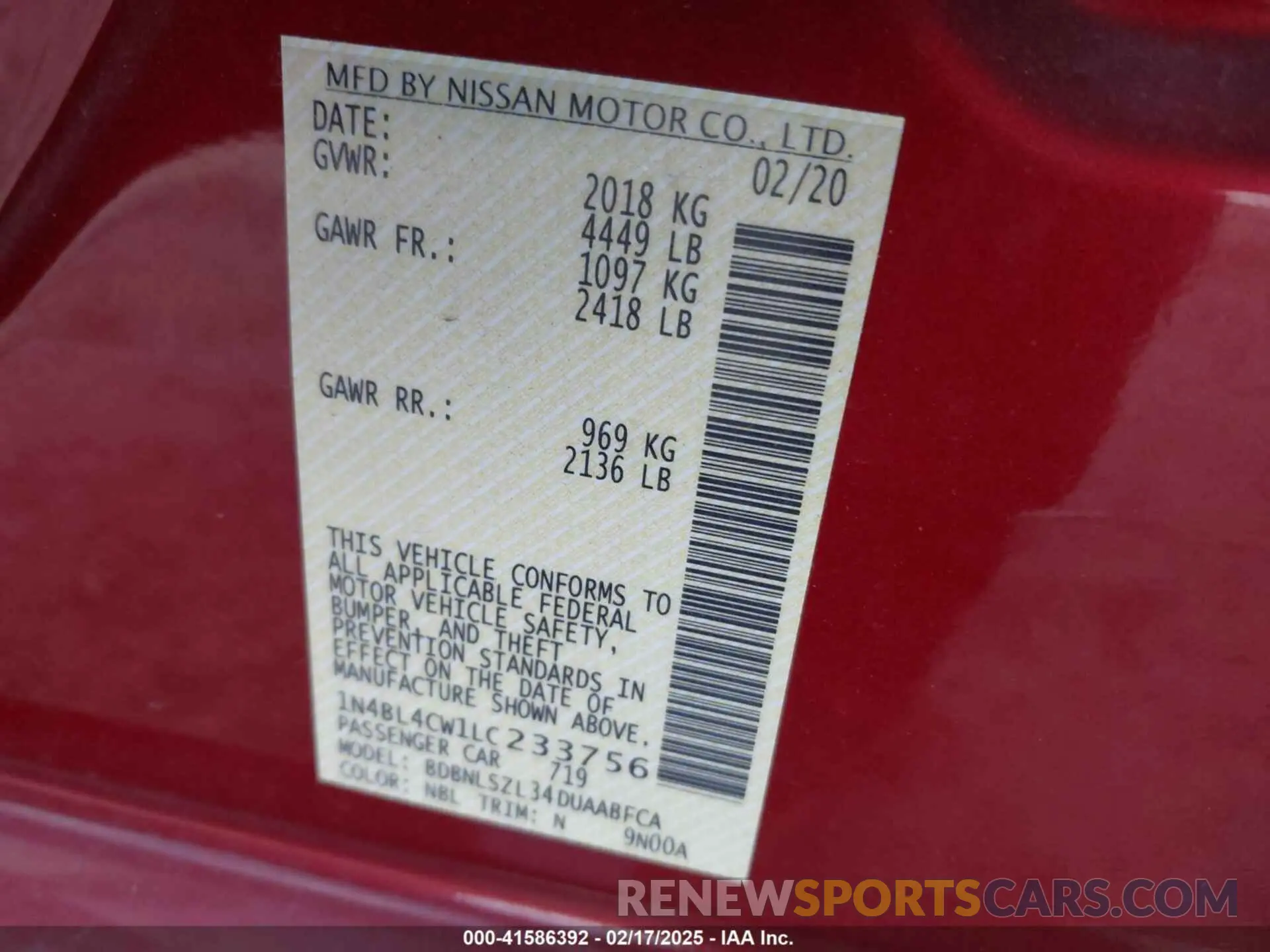 9 fotografías del automóvil dañado 1N4BL4CW1LC233756 NISSAN ALTIMA 2020