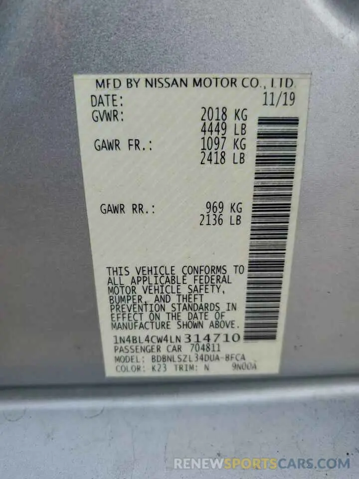 12 fotografías del automóvil dañado 1N4BL4CW4LN314710 NISSAN ALTIMA 2020
