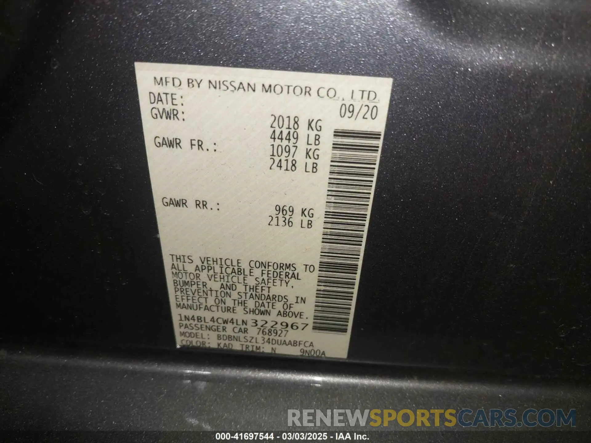 9 fotografías del automóvil dañado 1N4BL4CW4LN322967 NISSAN ALTIMA 2020