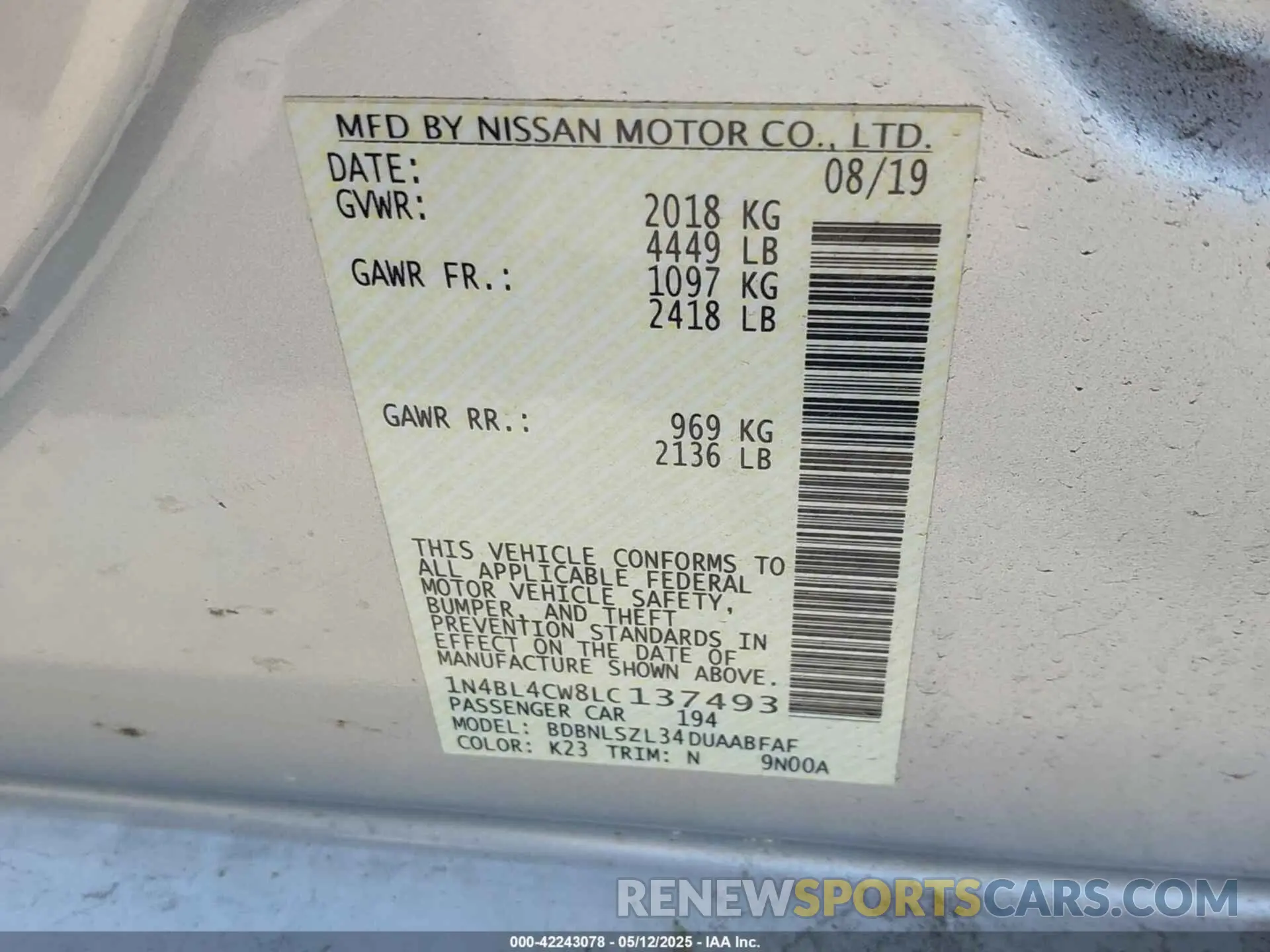 9 fotografías del automóvil dañado 1N4BL4CW8LC137493 NISSAN ALTIMA 2020