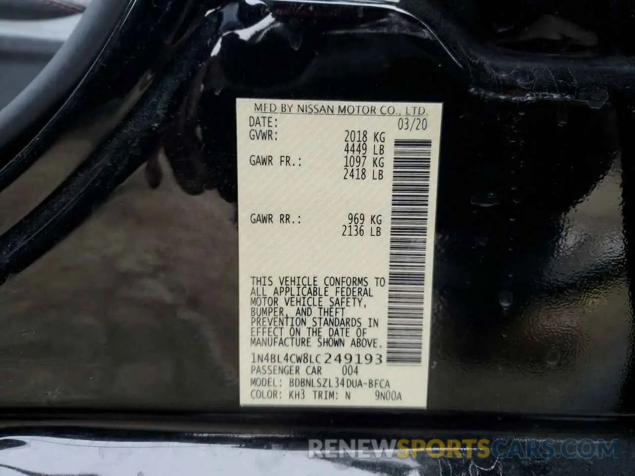 13 fotografías del automóvil dañado 1N4BL4CW8LC249193 NISSAN ALTIMA 2020