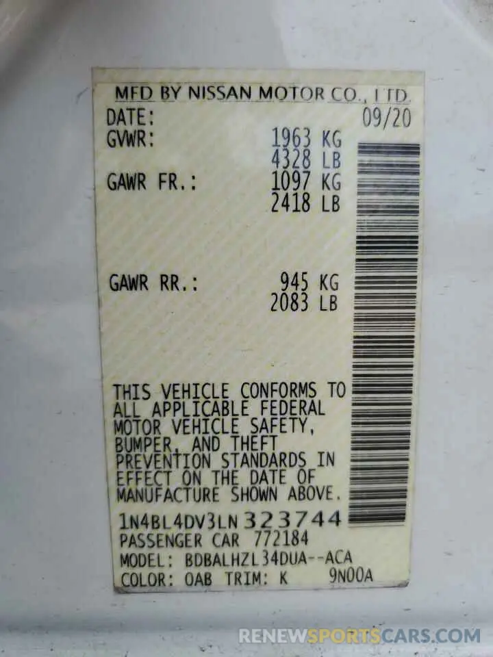 12 fotografías del automóvil dañado 1N4BL4DV3LN323744 NISSAN ALTIMA 2020