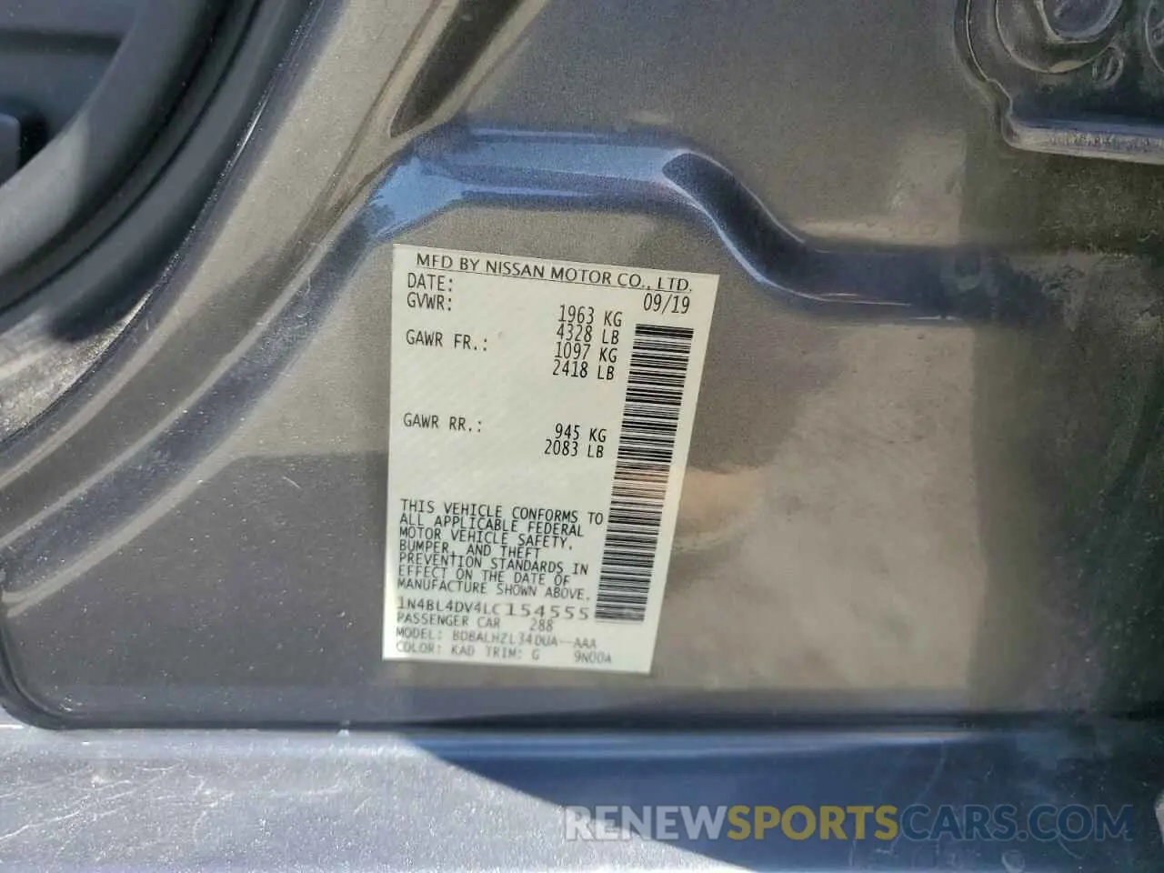12 fotografías del automóvil dañado 1N4BL4DV4LC154555 NISSAN ALTIMA 2020